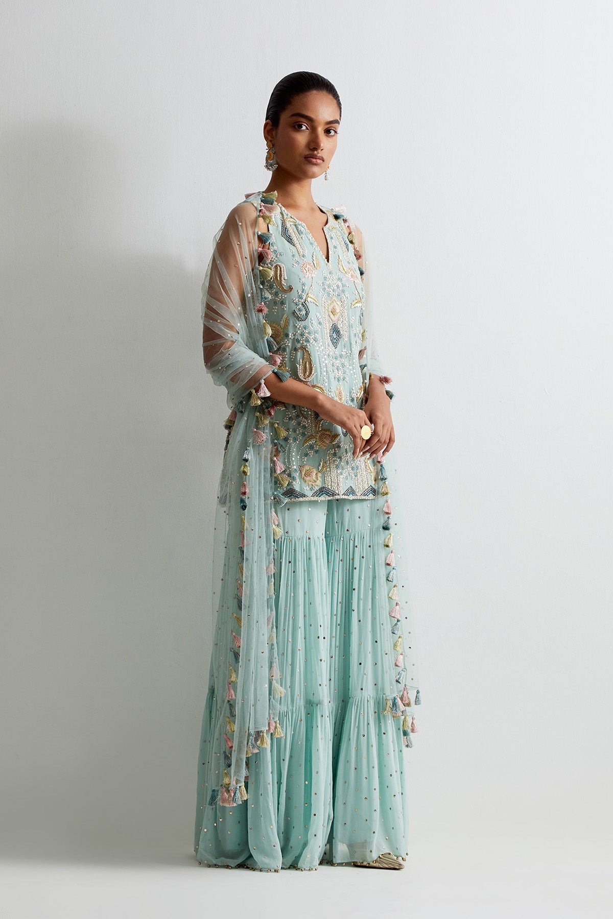 Sea Blue Georgette Embroidered Kurta With Sharara And Dupatta