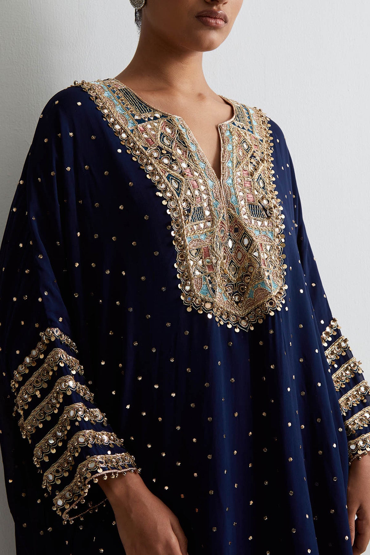 Navy Blue Mukaish Georgette Embroidered Kaftan With Frill Sharara