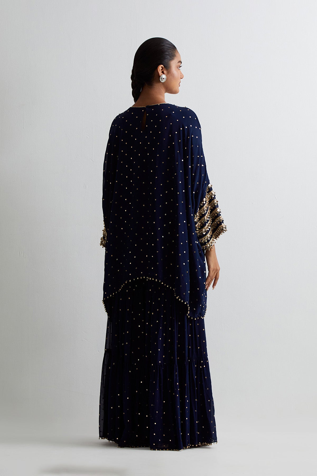 Navy Blue Mukaish Georgette Embroidered Kaftan With Frill Sharara