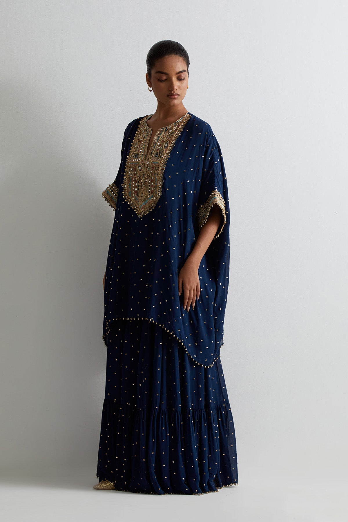 Navy Blue Mukaish Georgette Embroidered Kaftan With Frill Sharara