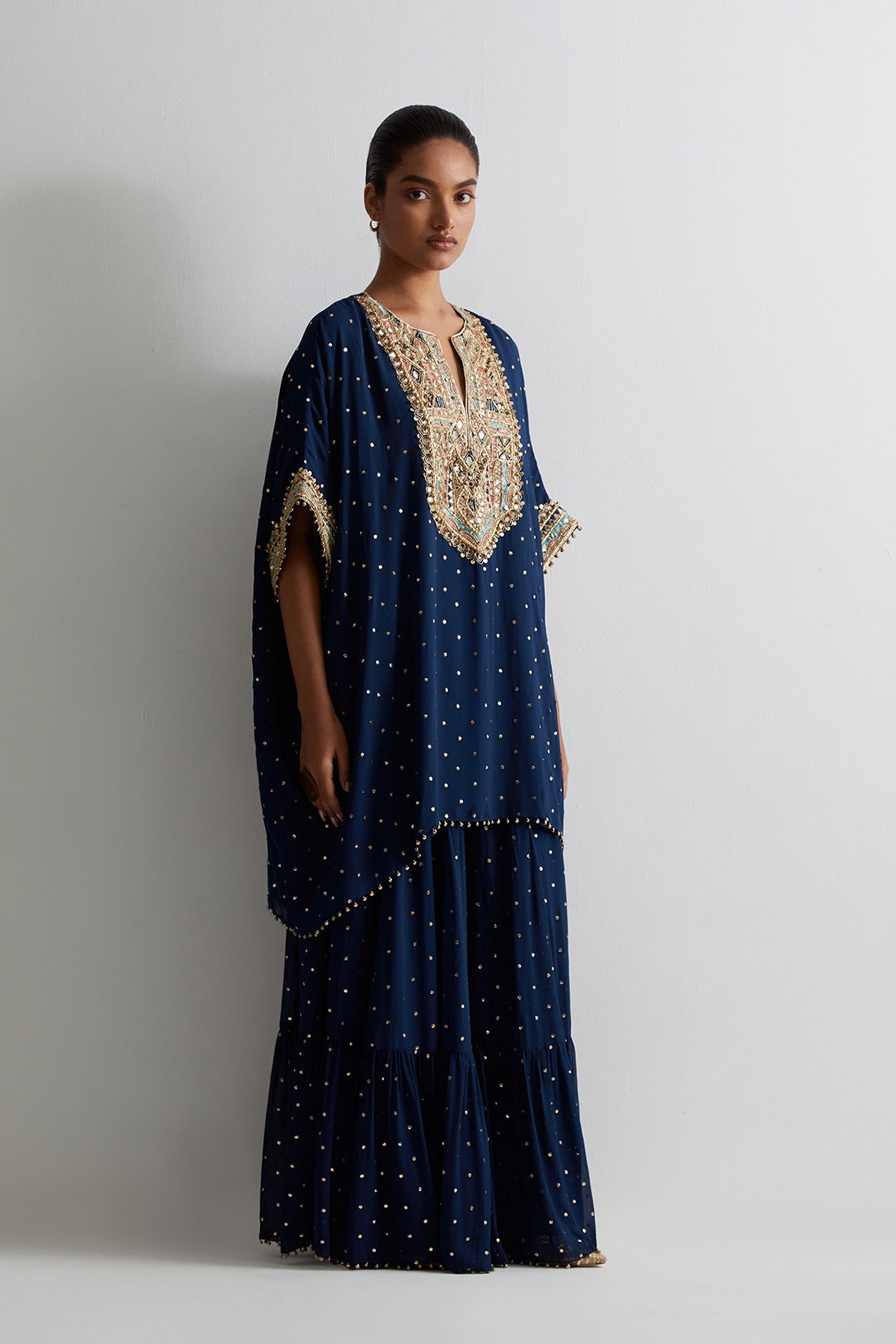 Navy Blue Mukaish Georgette Embroidered Kaftan With Frill Sharara