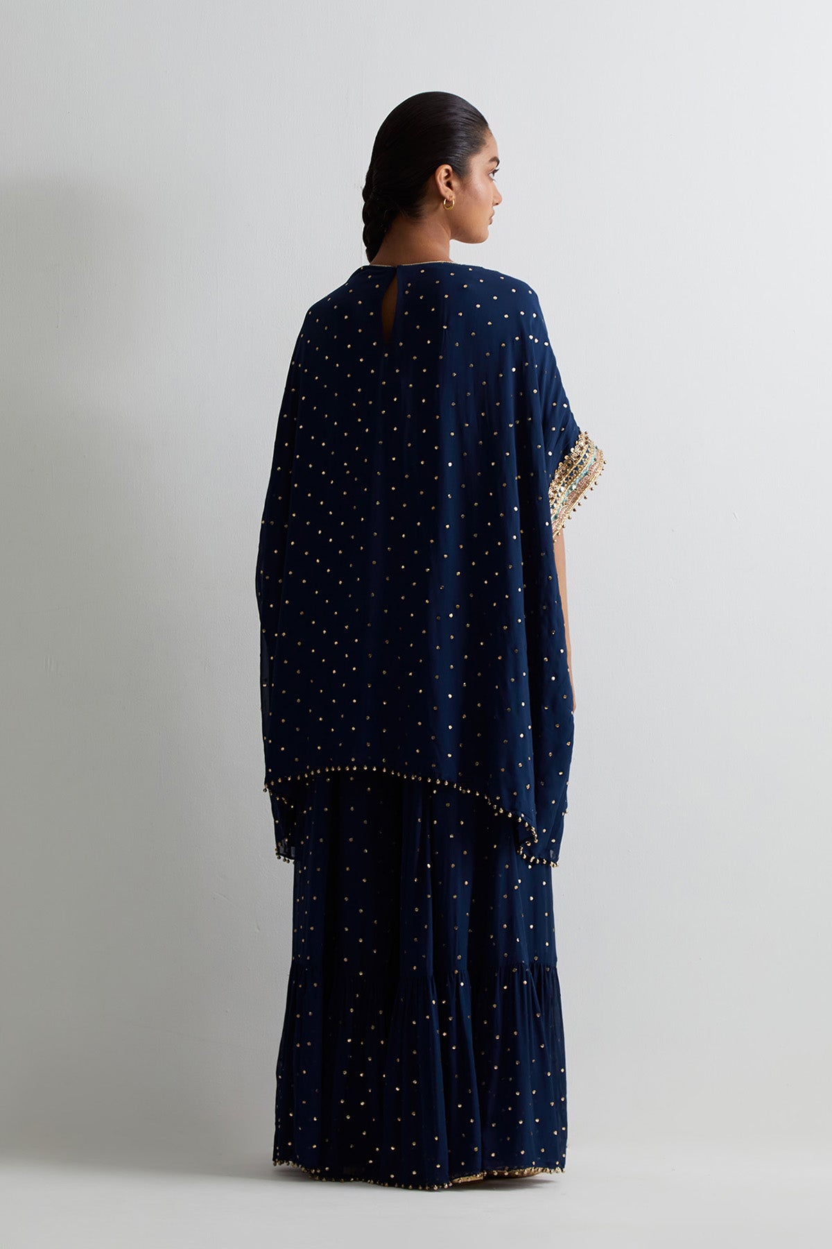 Navy Blue Mukaish Georgette Embroidered Kaftan With Frill Sharara