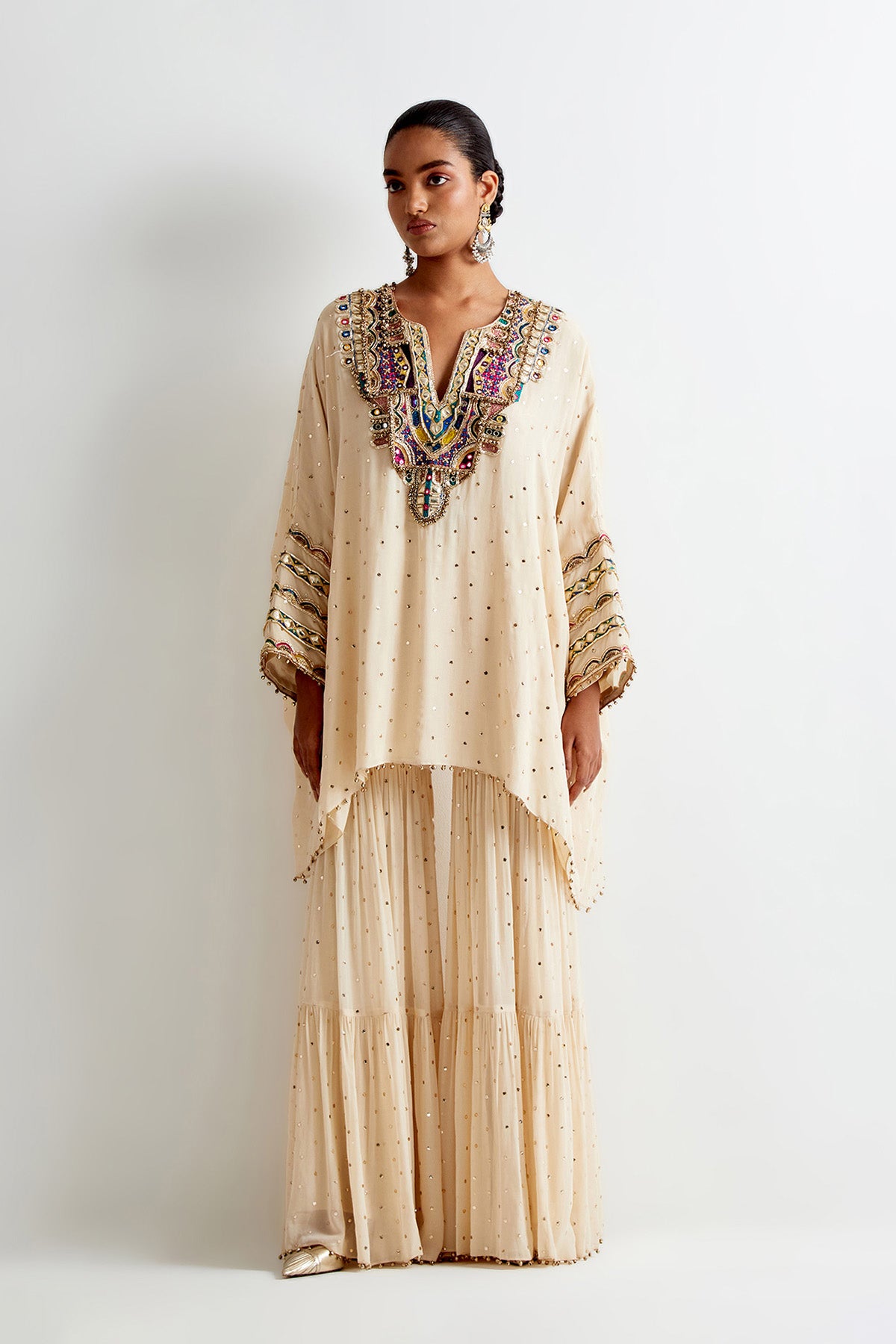 Stone Mukaish Georgette Embroidered Kaftan And Frill Sharara