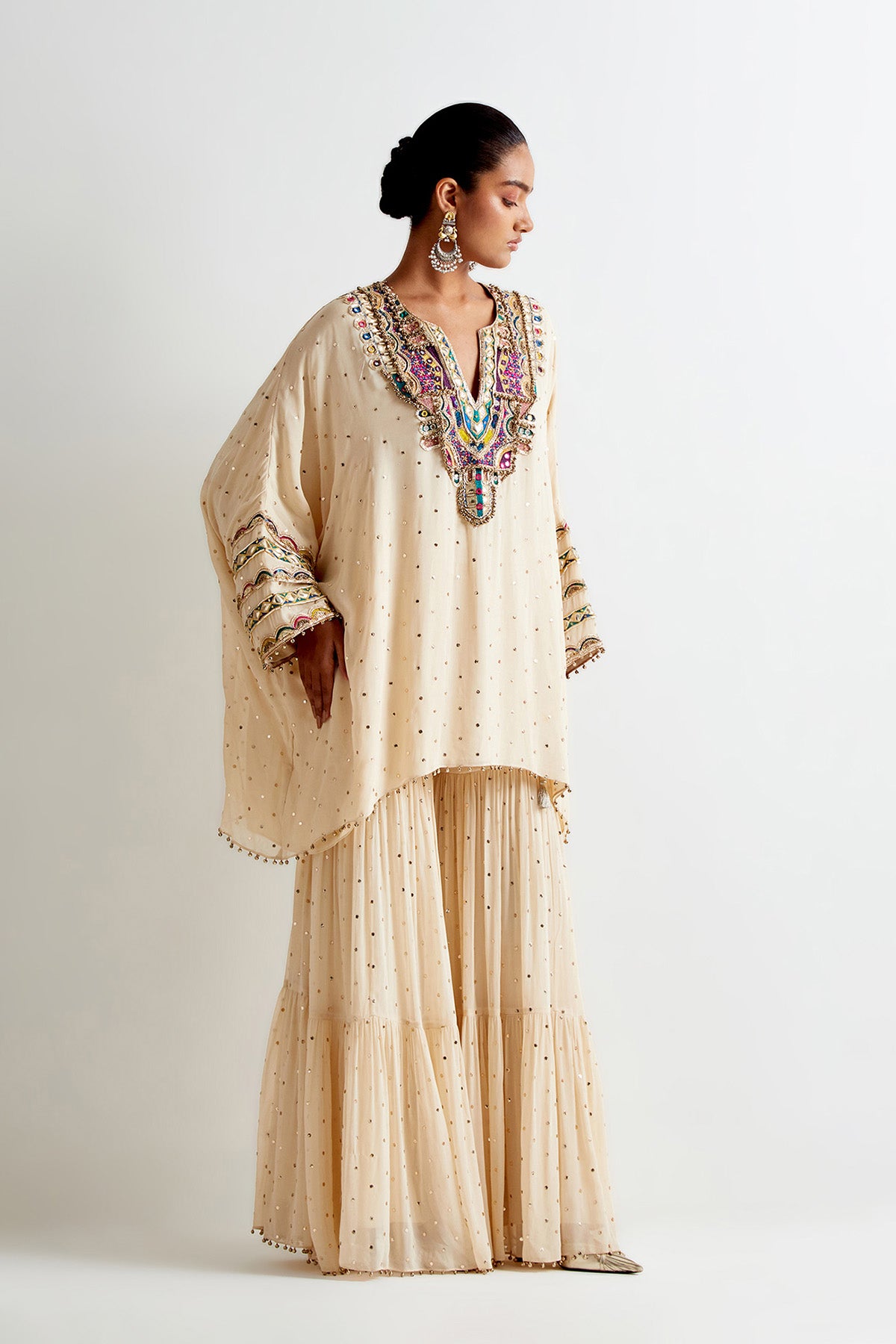 Stone Mukaish Georgette Embroidered Kaftan And Frill Sharara