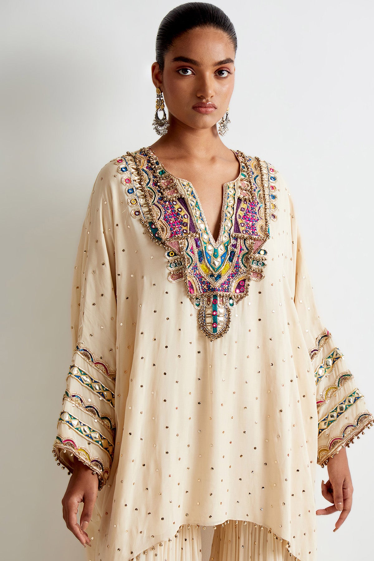 Stone Mukaish Georgette Embroidered Kaftan And Frill Sharara