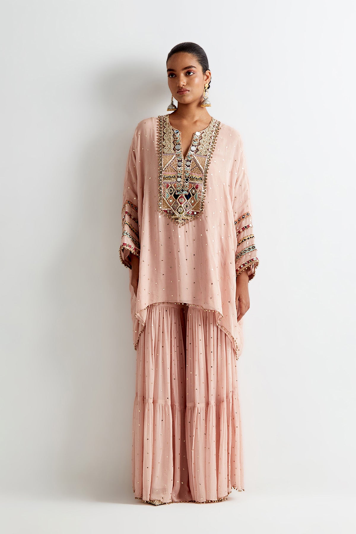 Rose Pink Mukaish Georgette Embroidered Short Kaftan And Frill Sharara