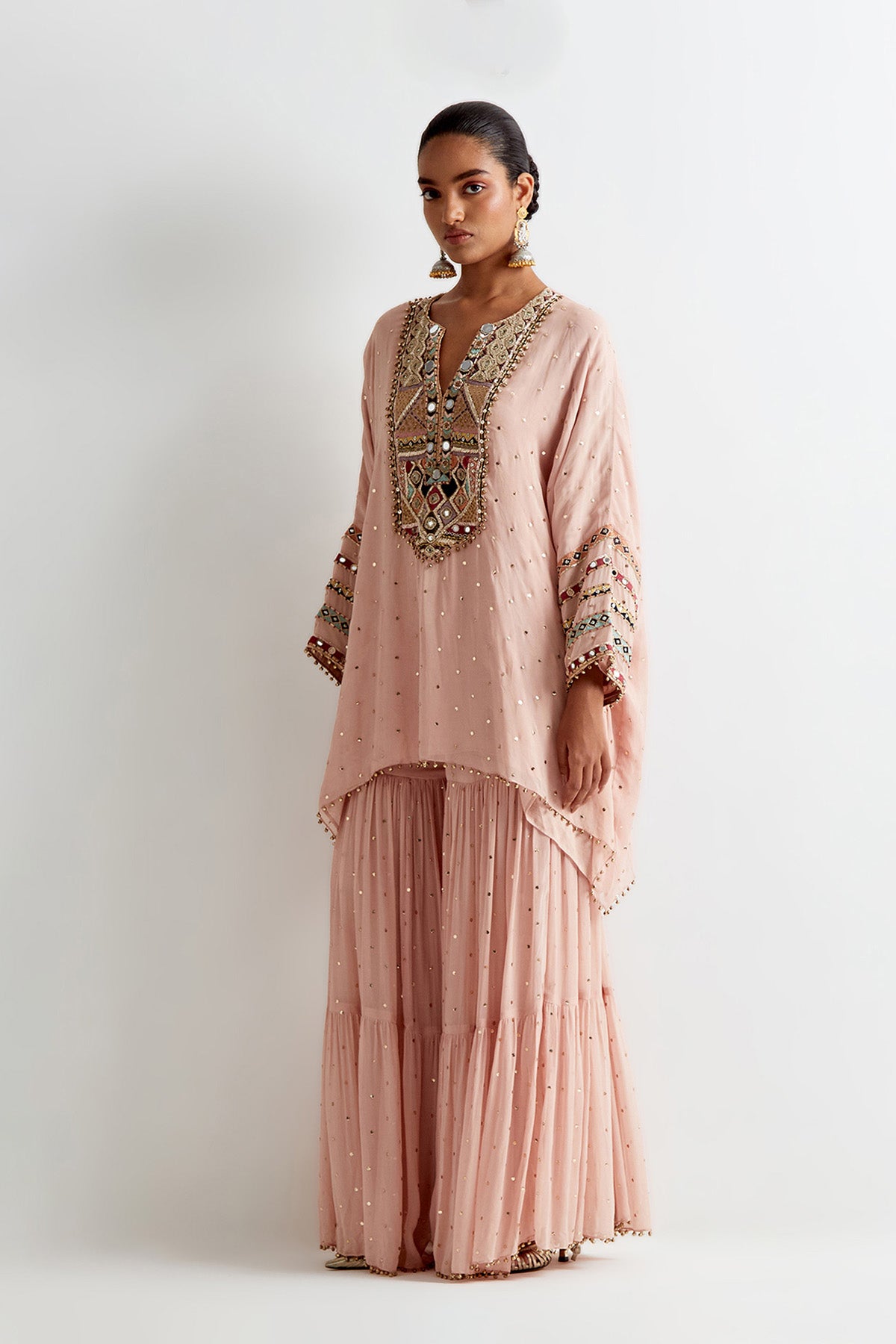 Rose Pink Mukaish Georgette Embroidered Short Kaftan And Frill Sharara