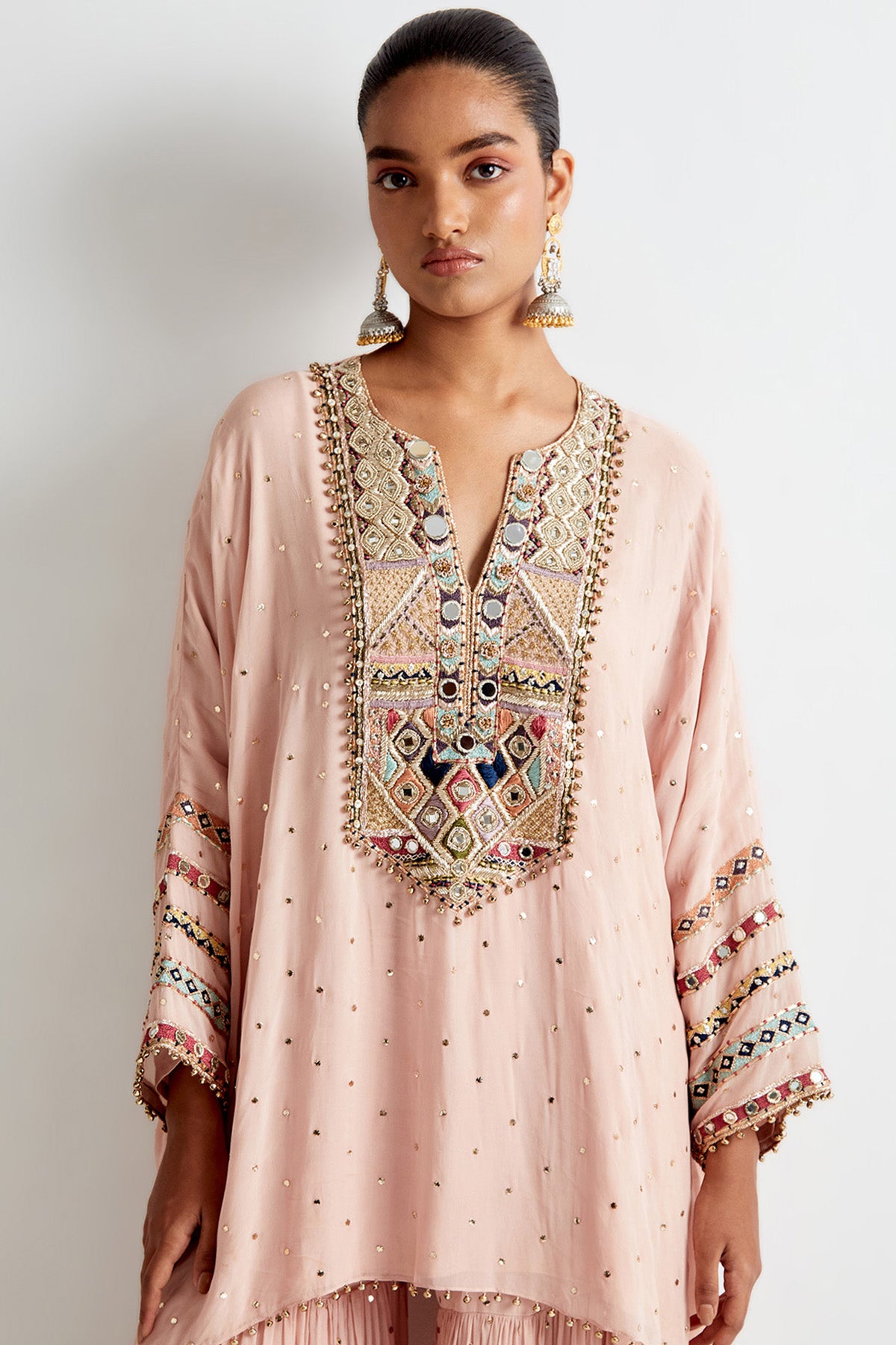 Rose Pink Mukaish Georgette Embroidered Short Kaftan And Frill Sharara