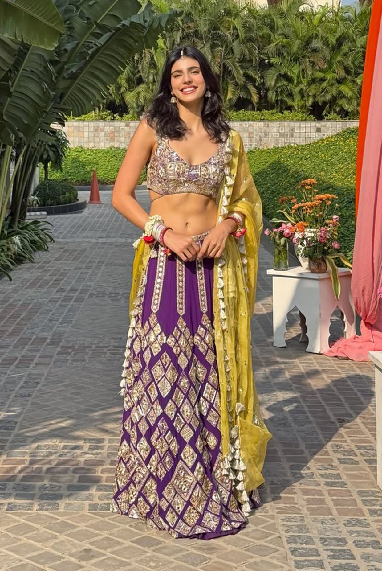Zinnia Purple Georgette Embroidered Choli And Lehenga With Yellow Dupatta