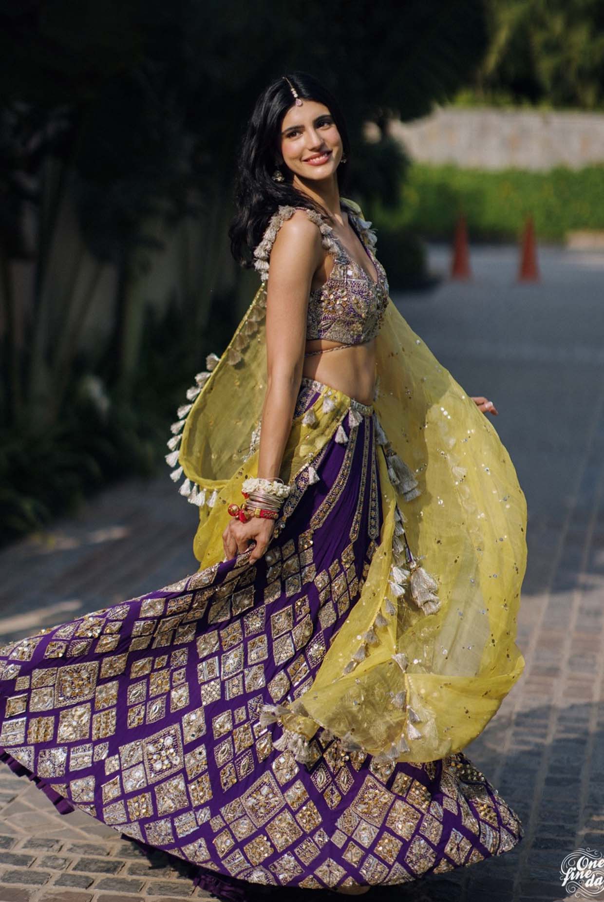Zinnia Purple Georgette Embroidered Choli And Lehenga With Yellow Dupatta