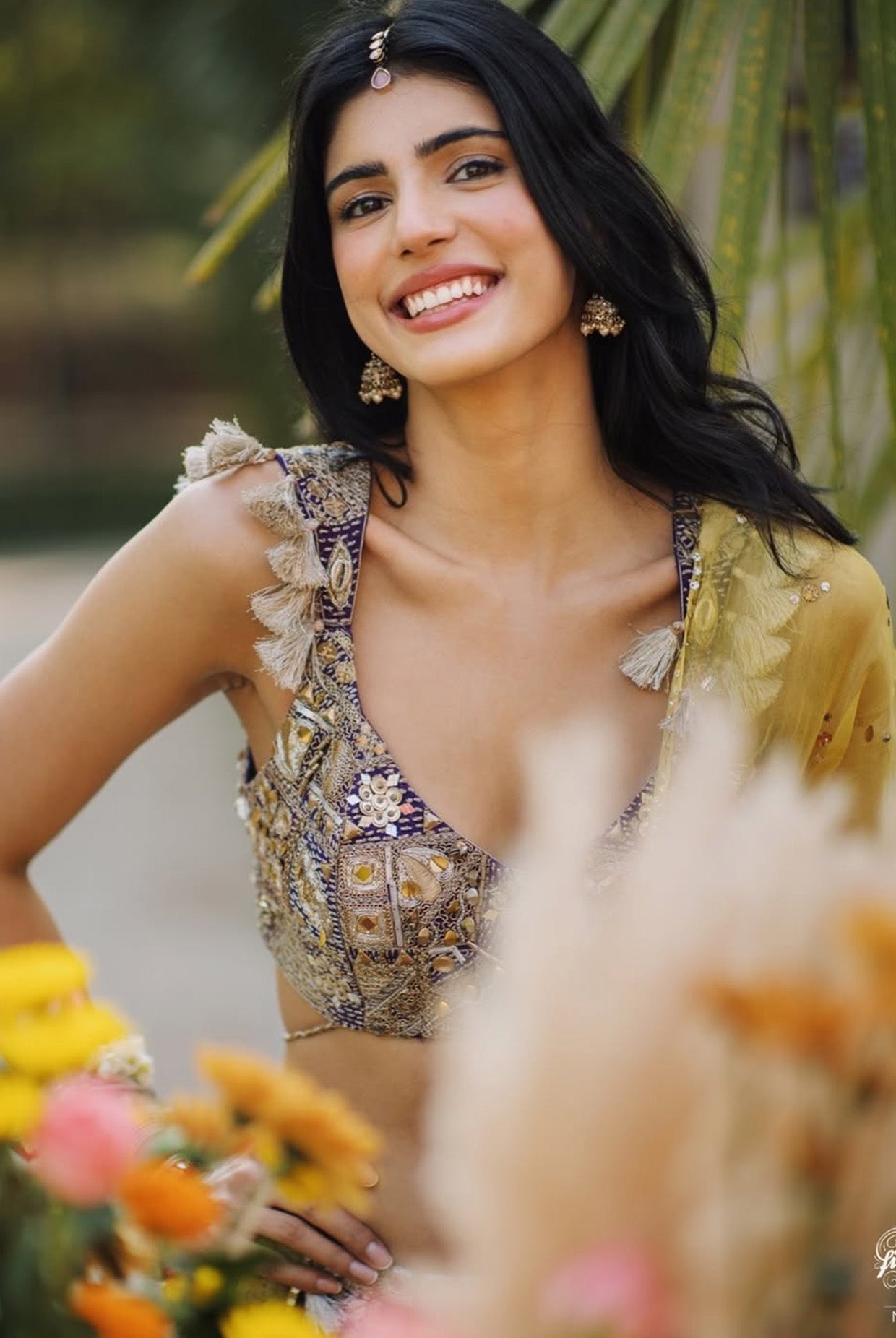 Zinnia Purple Georgette Embroidered Choli And Lehenga With Yellow Dupatta