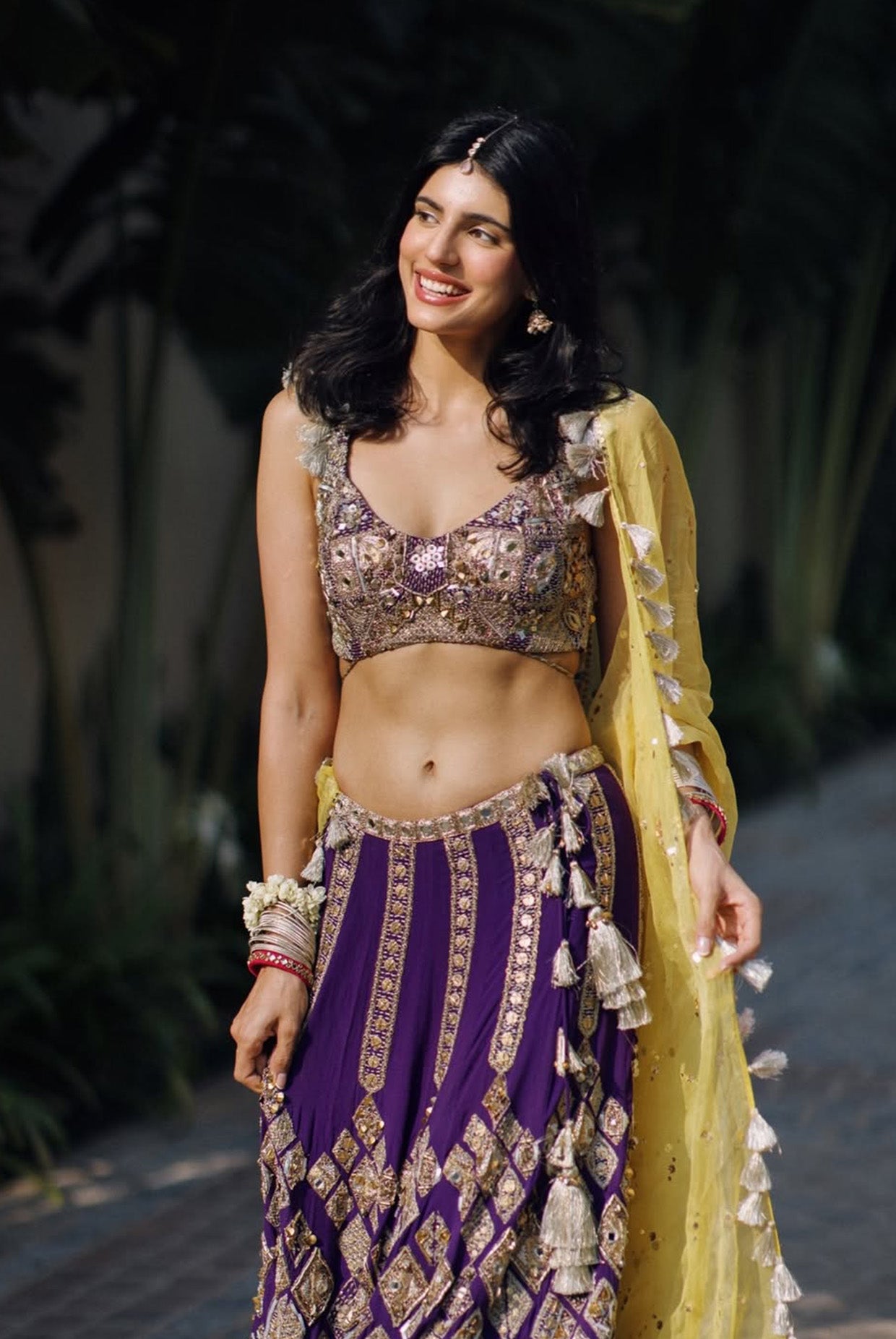 Zinnia Purple Georgette Embroidered Choli And Lehenga With Yellow Dupatta