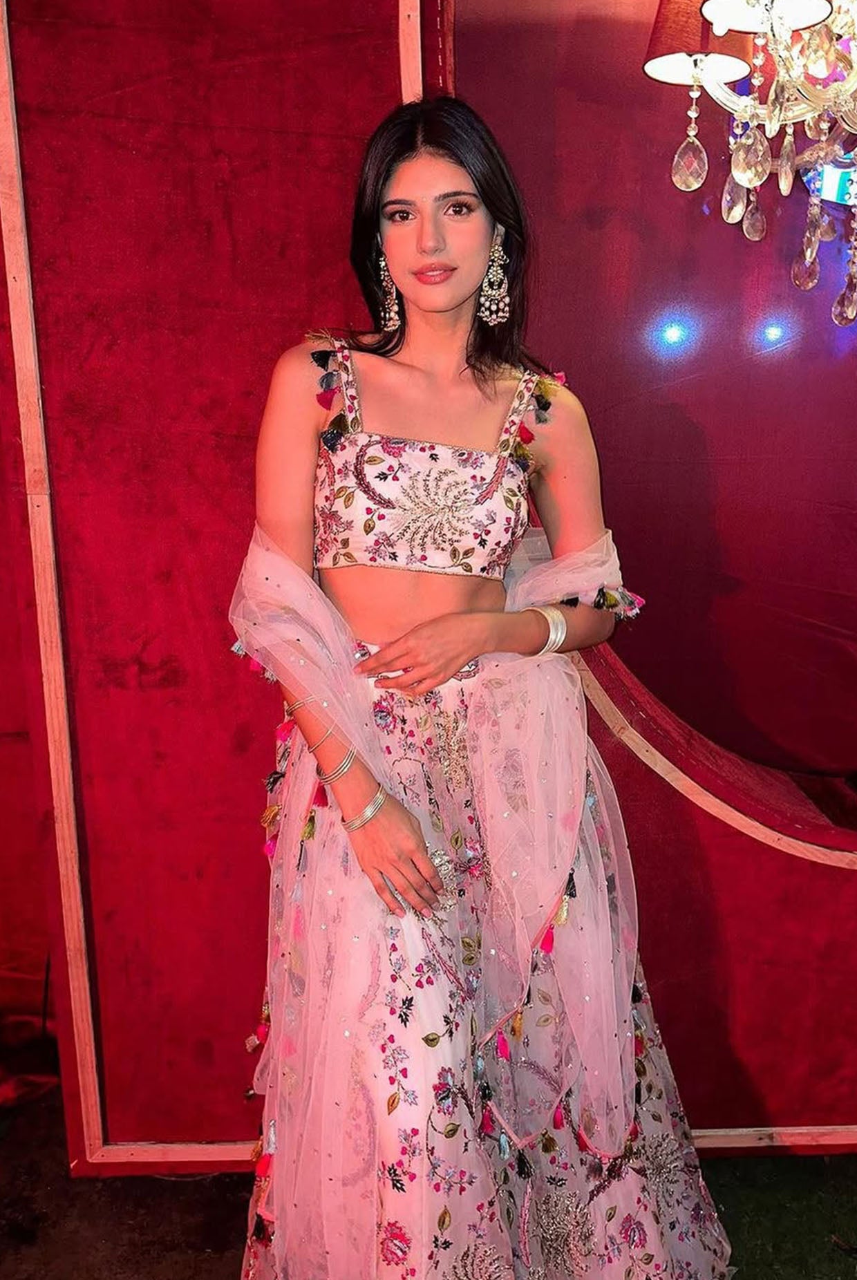 Off-White Embellished Bustier And Lehenga With Dupatta