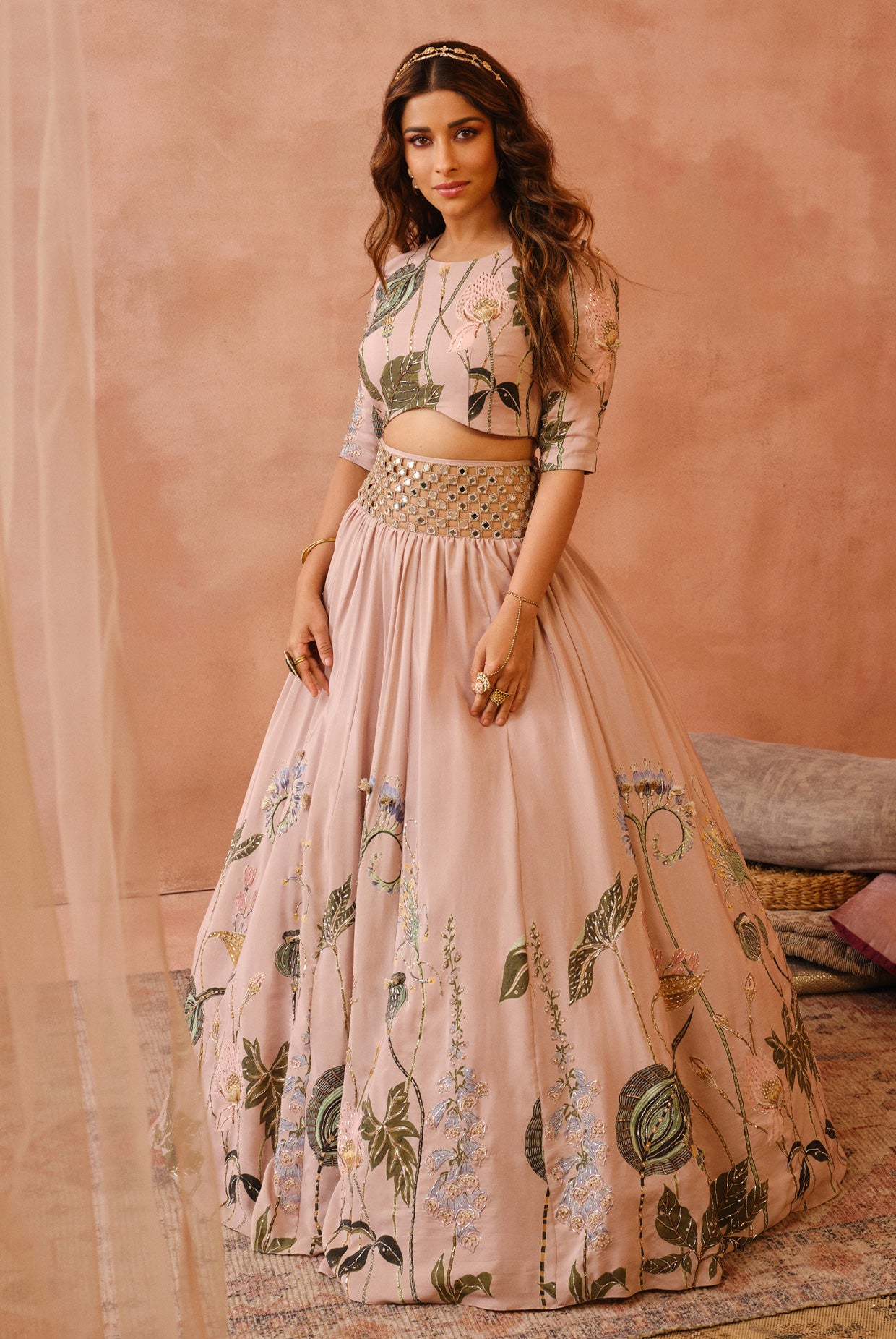 Rose Pink Niloufar Print Embroidered Choli With Lehenga And Dupatta