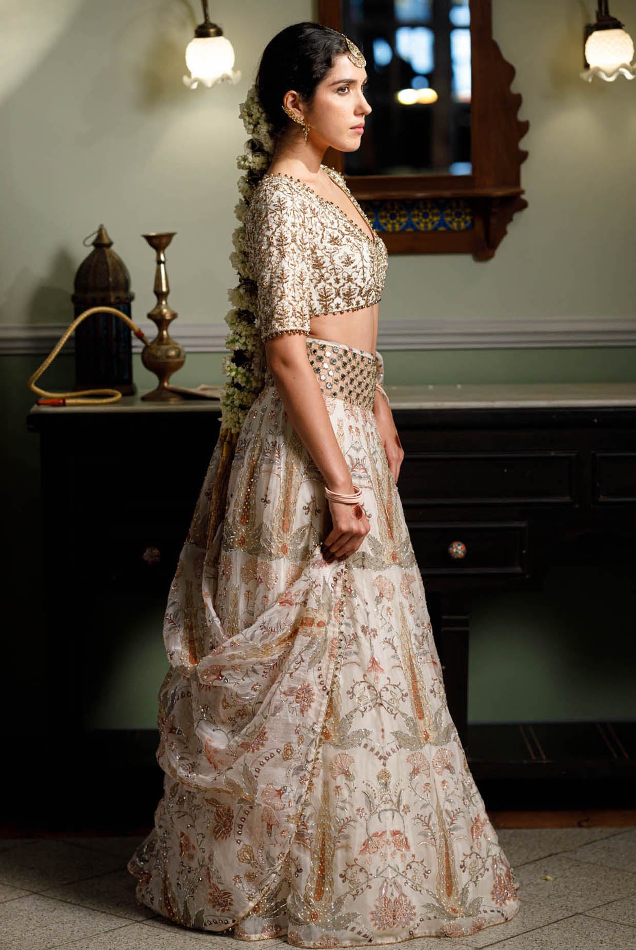 Sultana Cream Embroidered Choli With Cream Printed Lehenga And Embroidered Dupatta