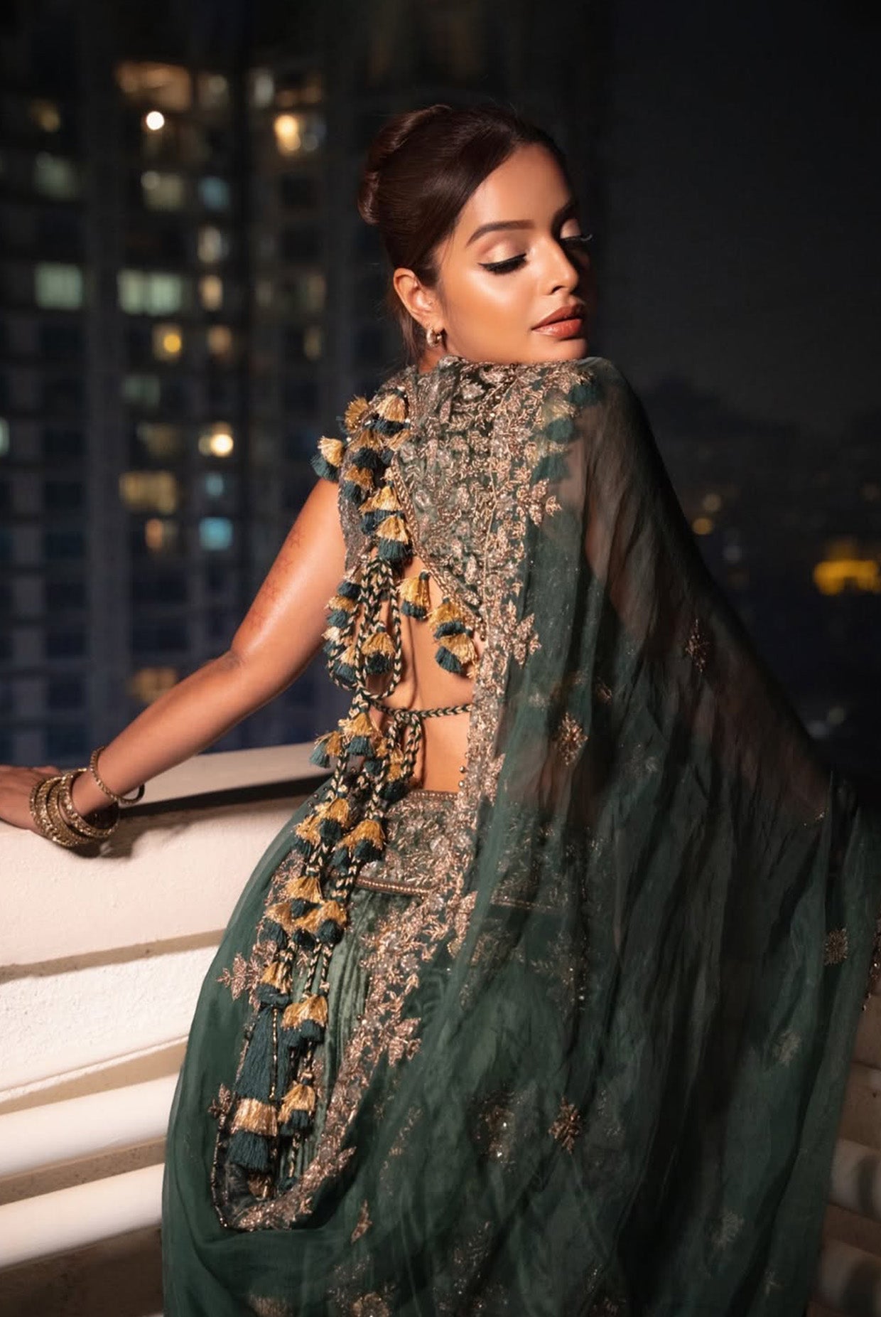 Faizah Emerald Green Embroidered Velvet Choli And Lehenga With Dupatta
