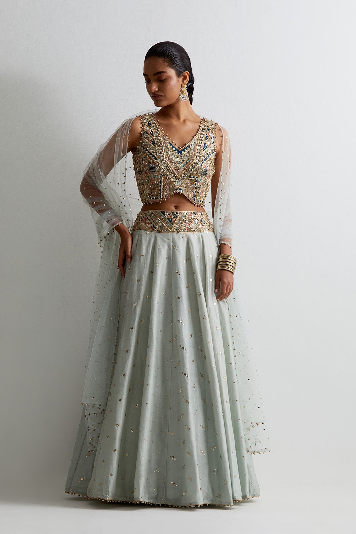 Light Blue Georgette Embroidered Choli With Lehenga And Dupatta