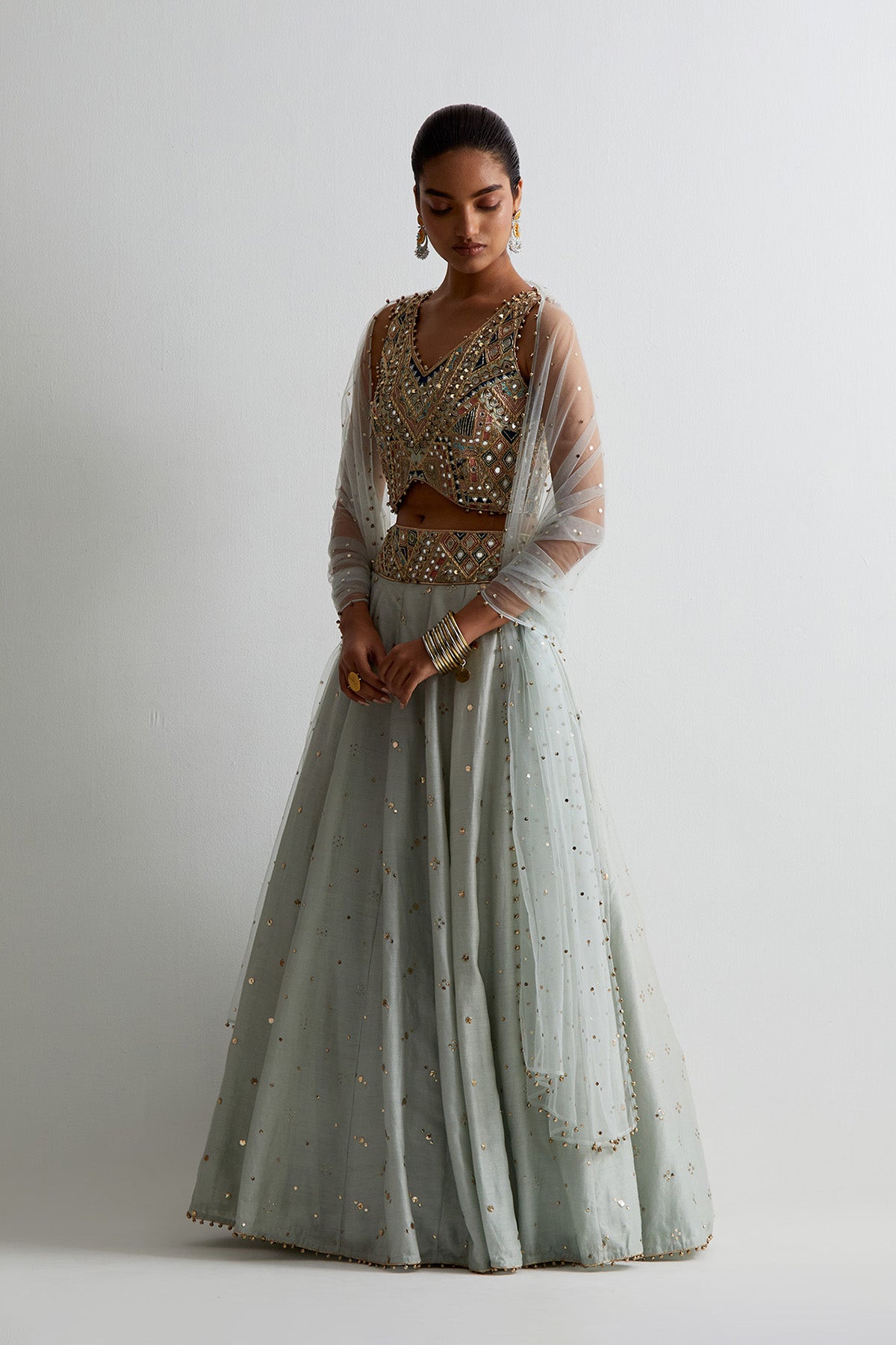 Light Blue Georgette Embroidered Choli With Lehenga And Dupatta