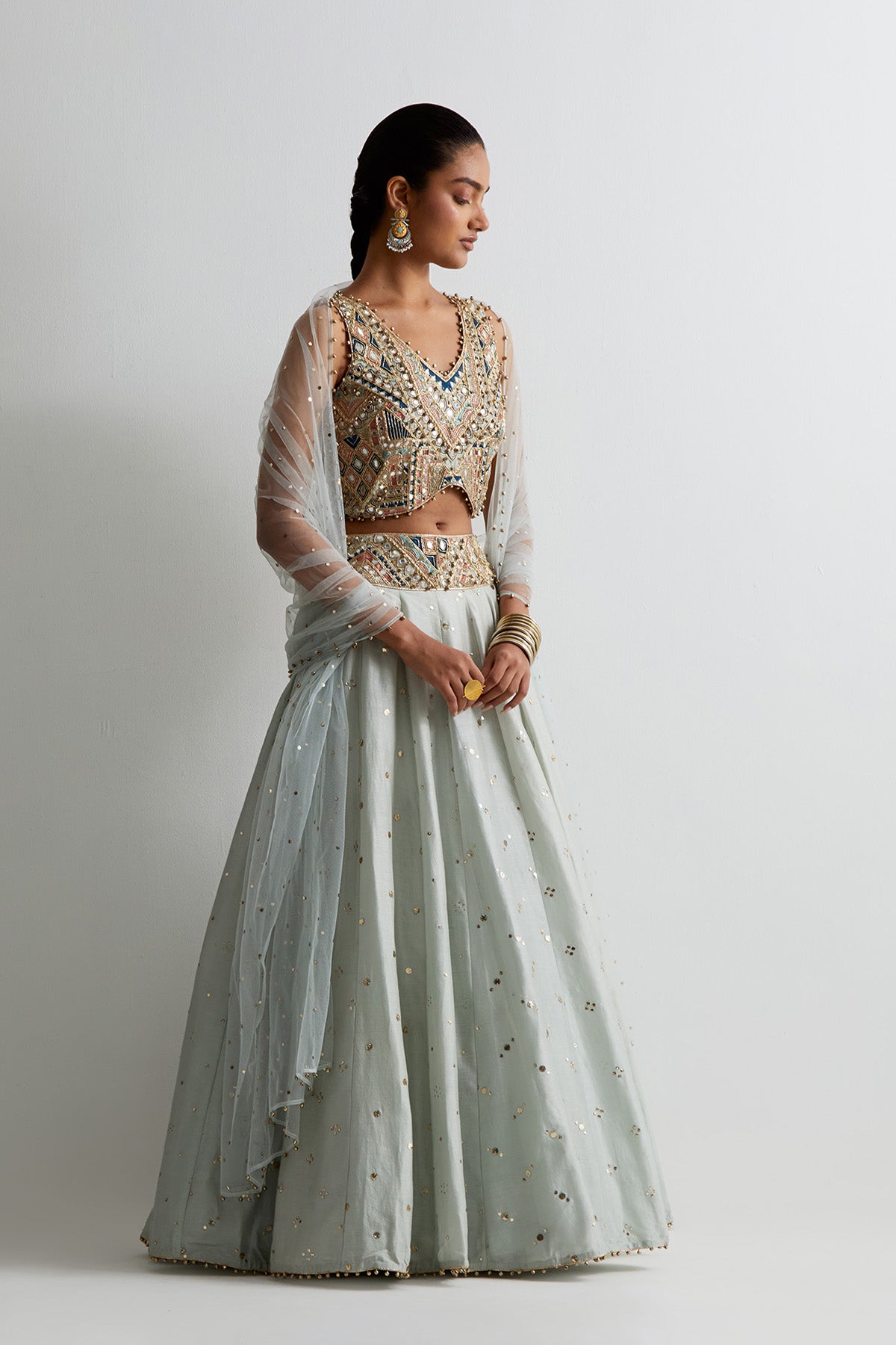 Light Blue Georgette Embroidered Choli With Lehenga And Dupatta