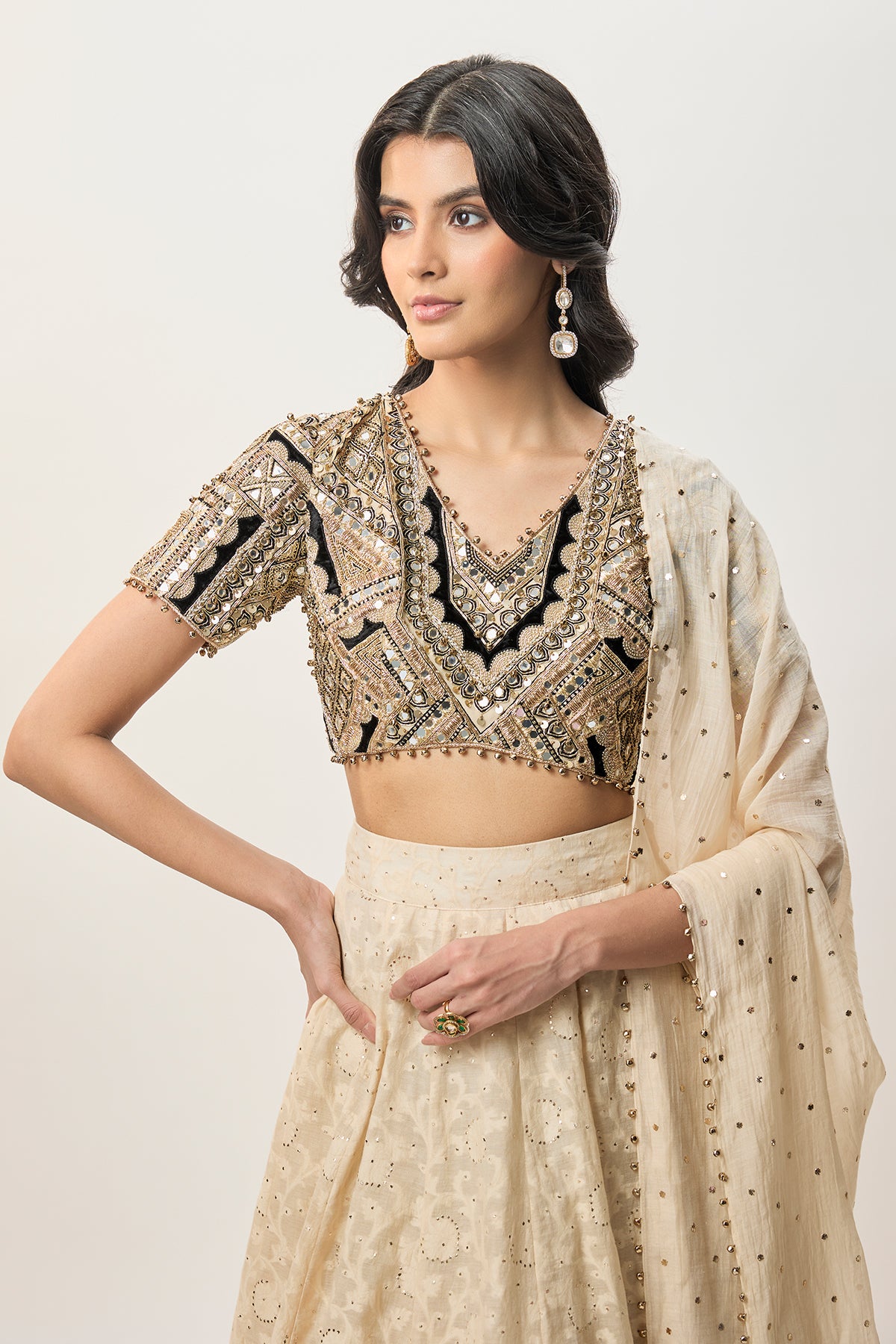 Mahtab Stone Georgette Embroidered Choli With Lehenga And Mukaish Mul Dupatta