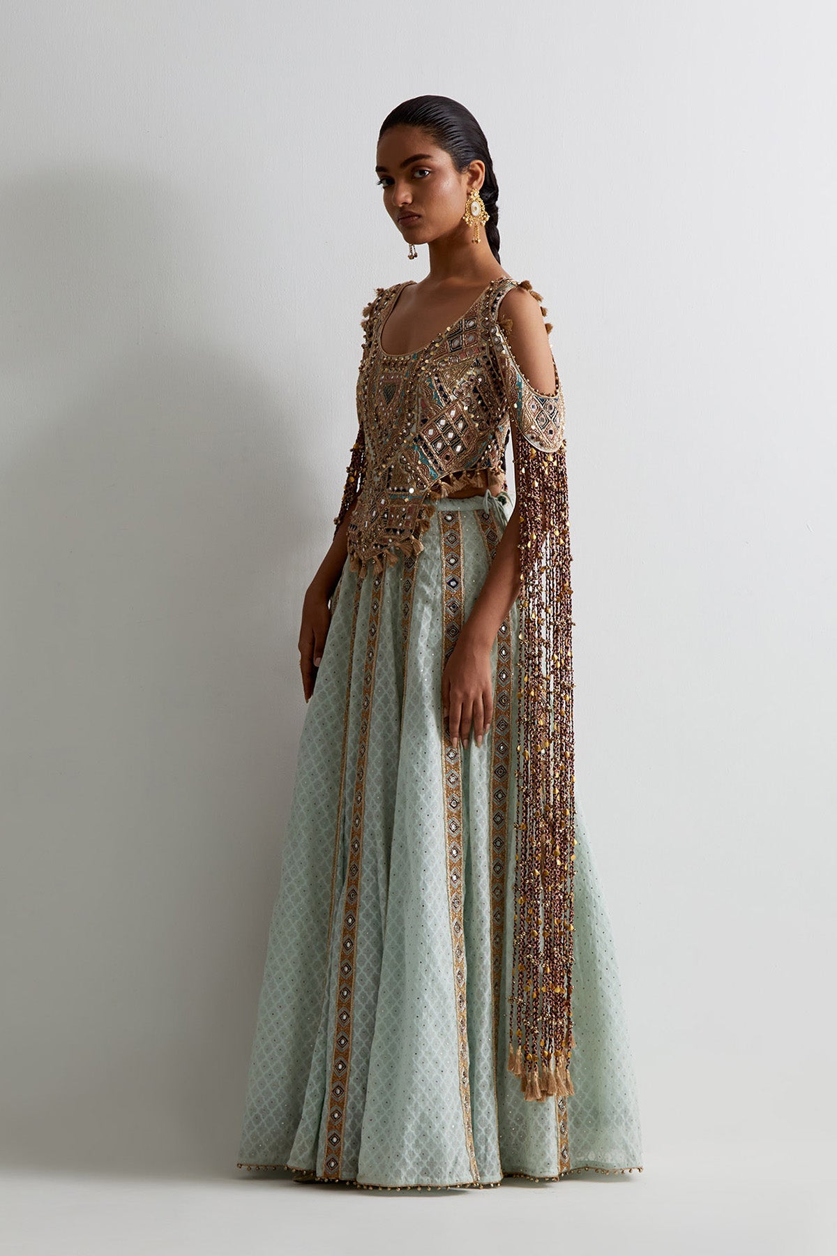 Sea Blue Georgette Embroidered Choli With Katarwa Lehenga And Bajuband