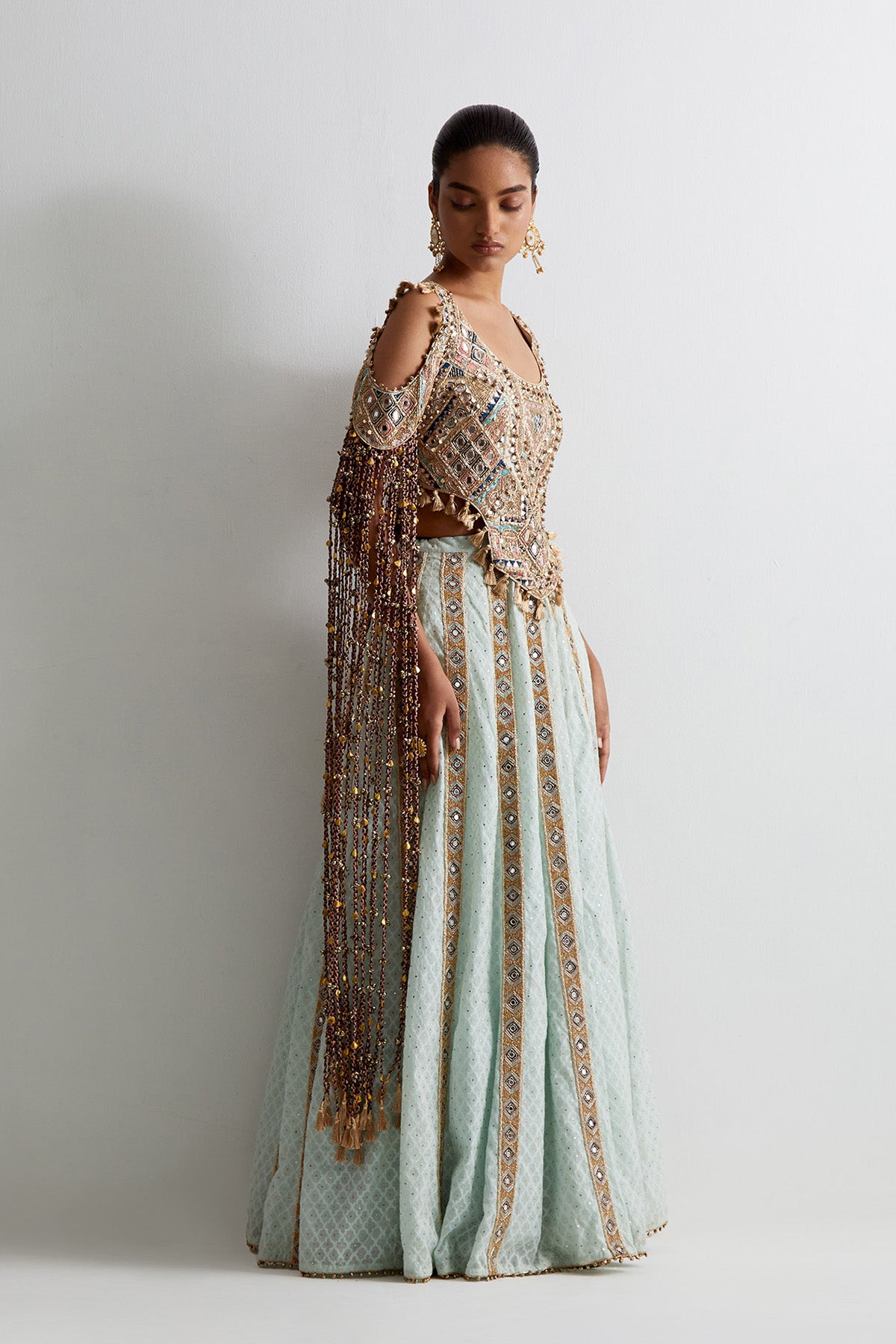 Sea Blue Georgette Embroidered Choli With Katarwa Lehenga And Bajuband