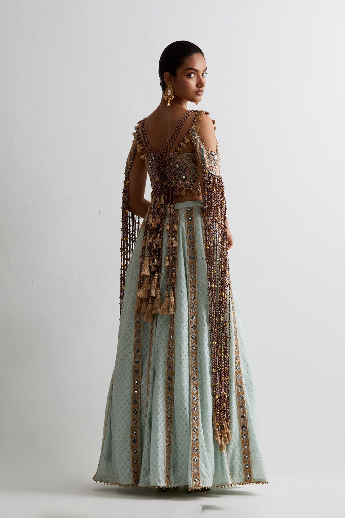 Sea Blue Georgette Embroidered Choli With Katarwa Lehenga And Bajuband