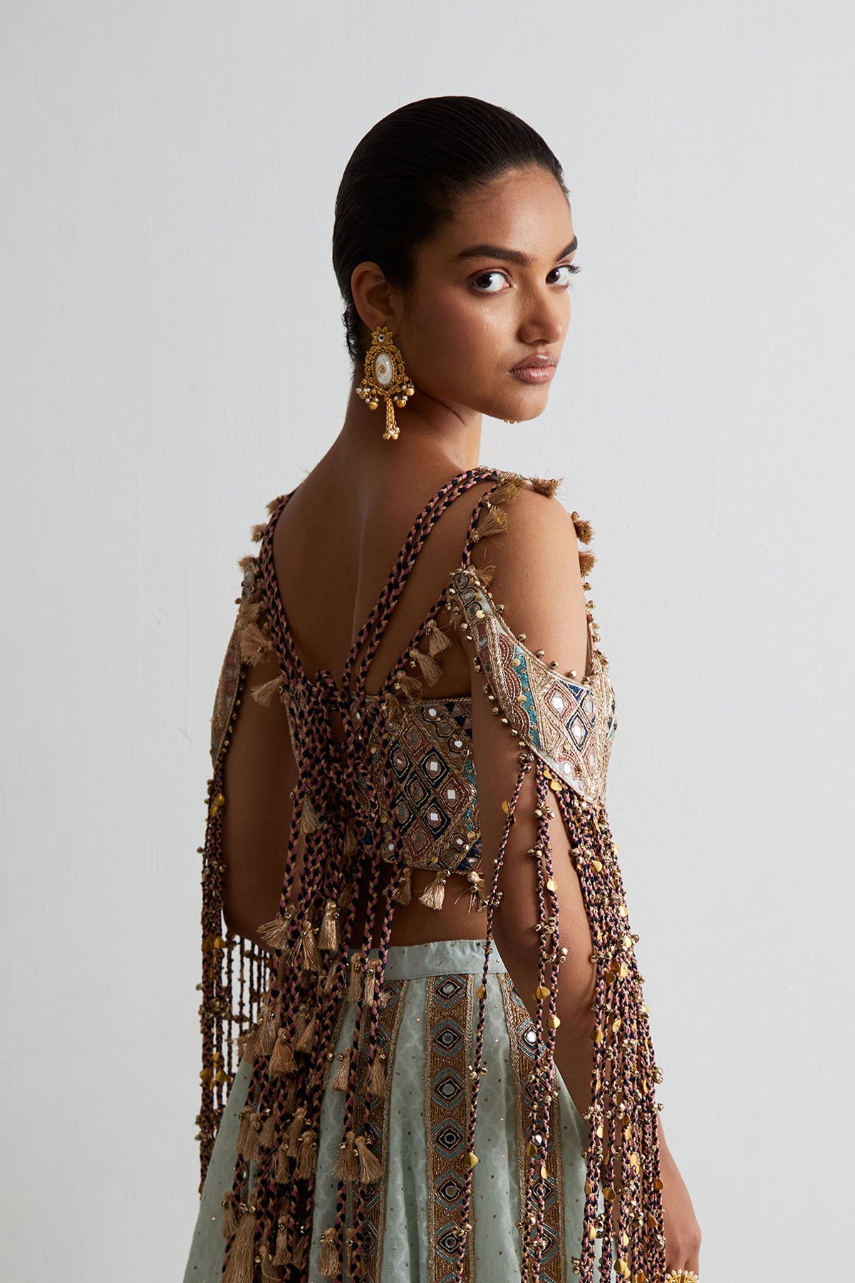 Sea Blue Georgette Embroidered Choli With Katarwa Lehenga And Bajuband