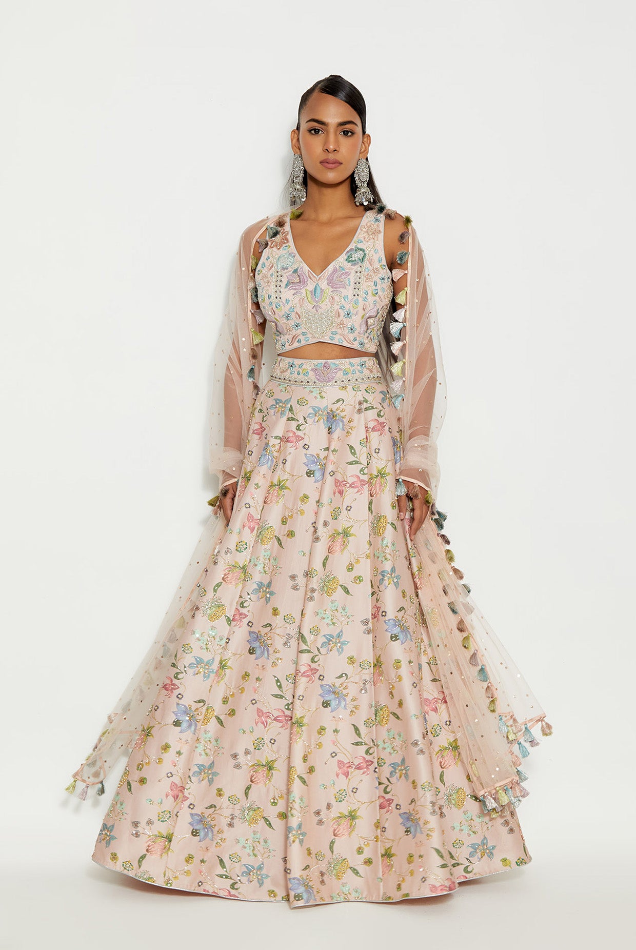 MEHRAB ROSE PINK EMBROIDERED CHOLI WITH NARGIS PRINTED LEHENGA AND DUPATTA