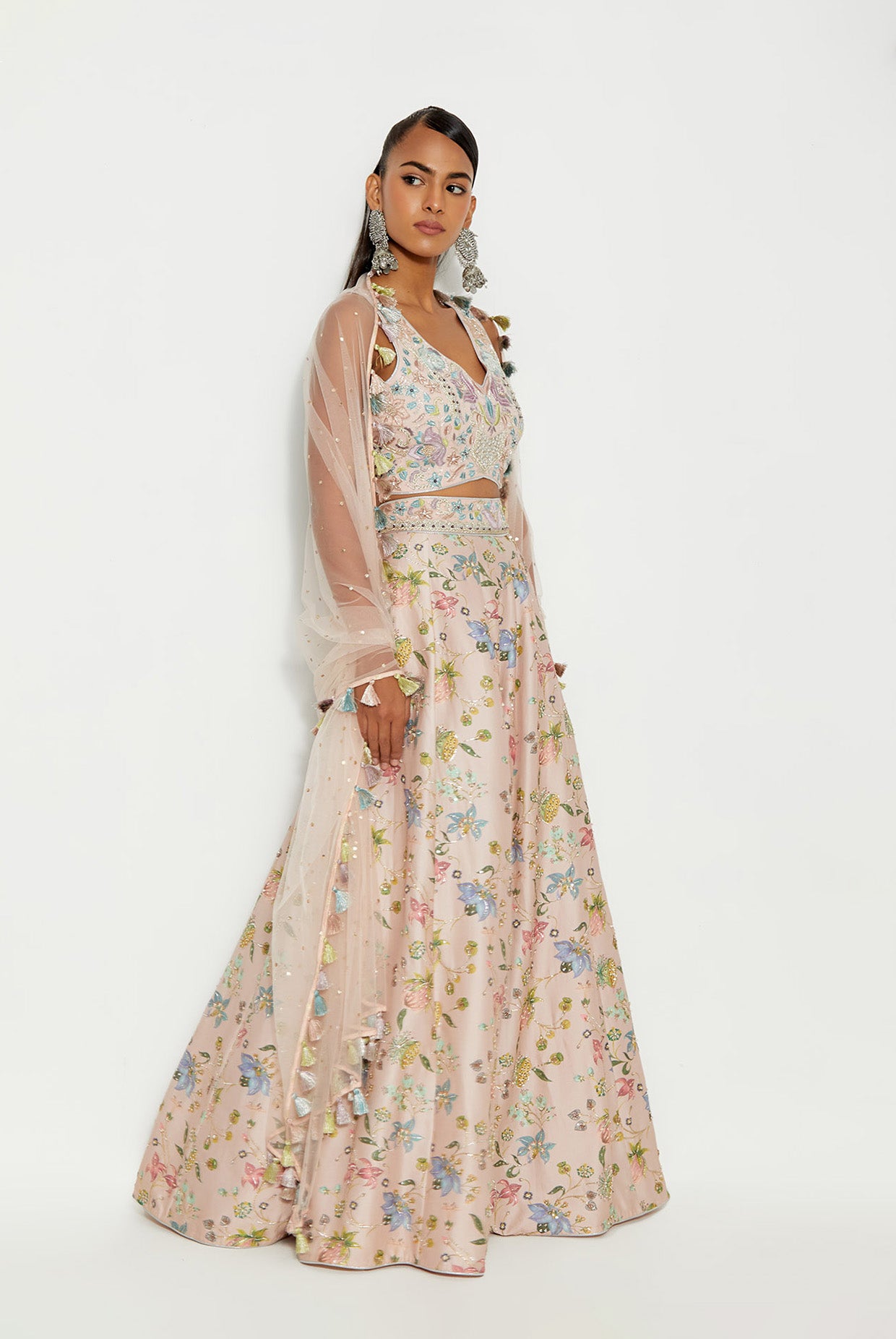 MEHRAB ROSE PINK EMBROIDERED CHOLI WITH NARGIS PRINTED LEHENGA AND DUPATTA