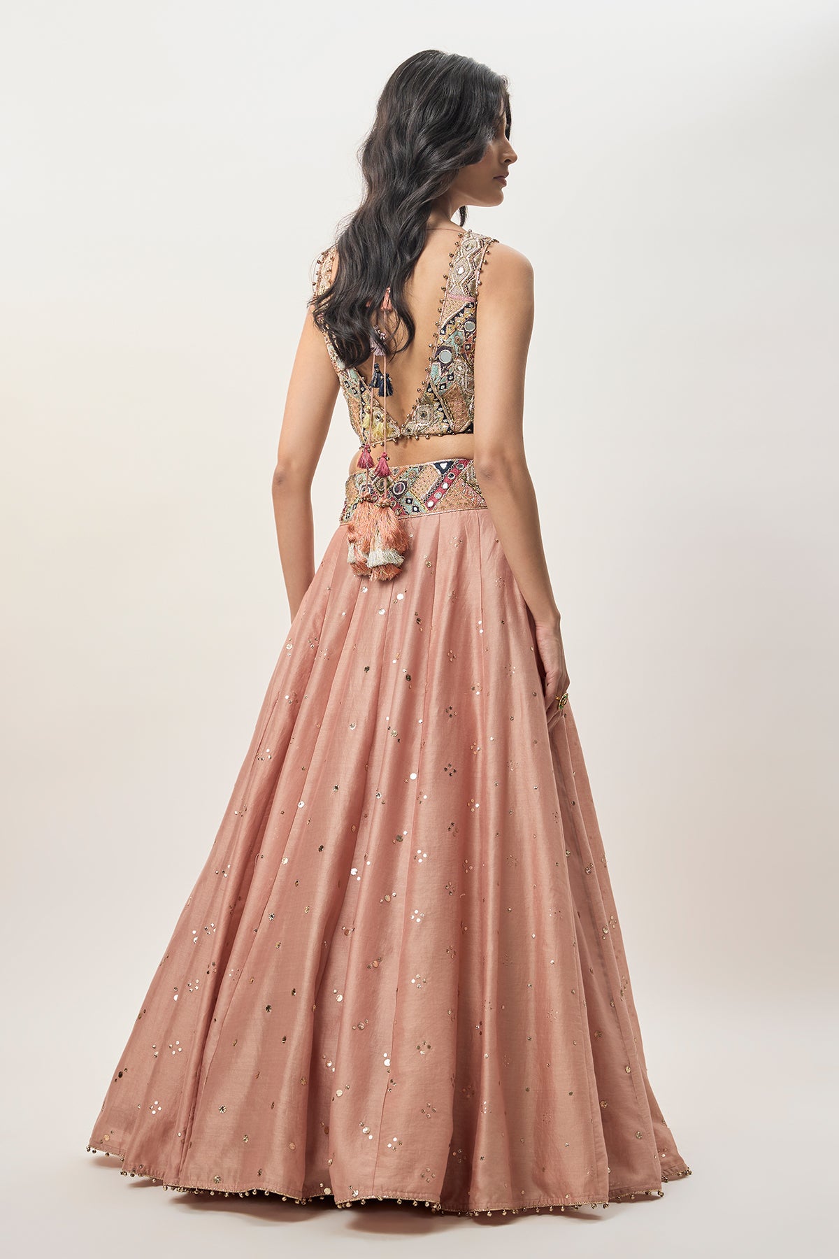 Mahnaz Peachy Pink Georgette Embroidered Choli With Lehenga And Mukaish Net Dupatta