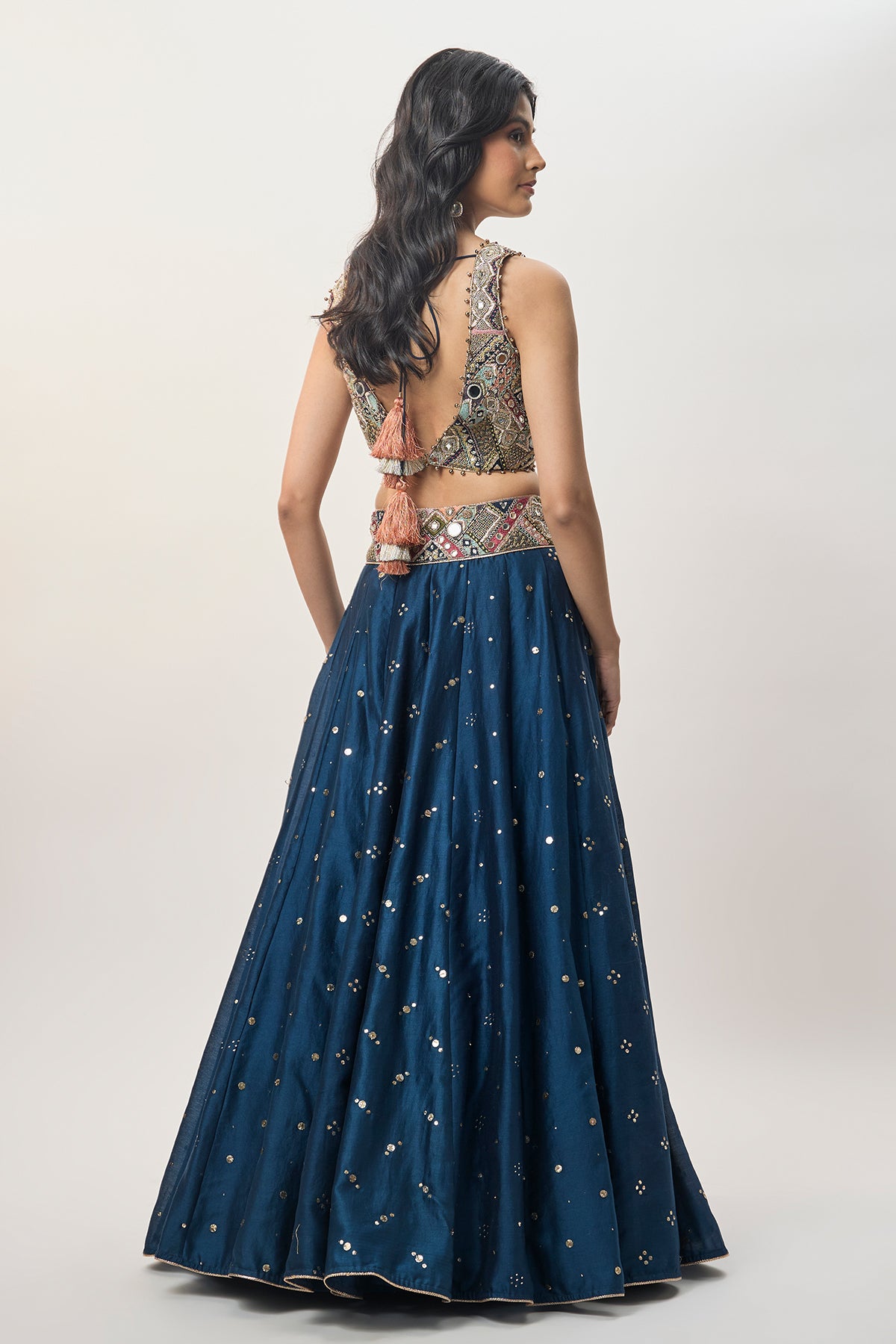 Mahnaz Navy Blue Georgette Embroidered Choli With Lehenga And Mukaish Net Dupatta