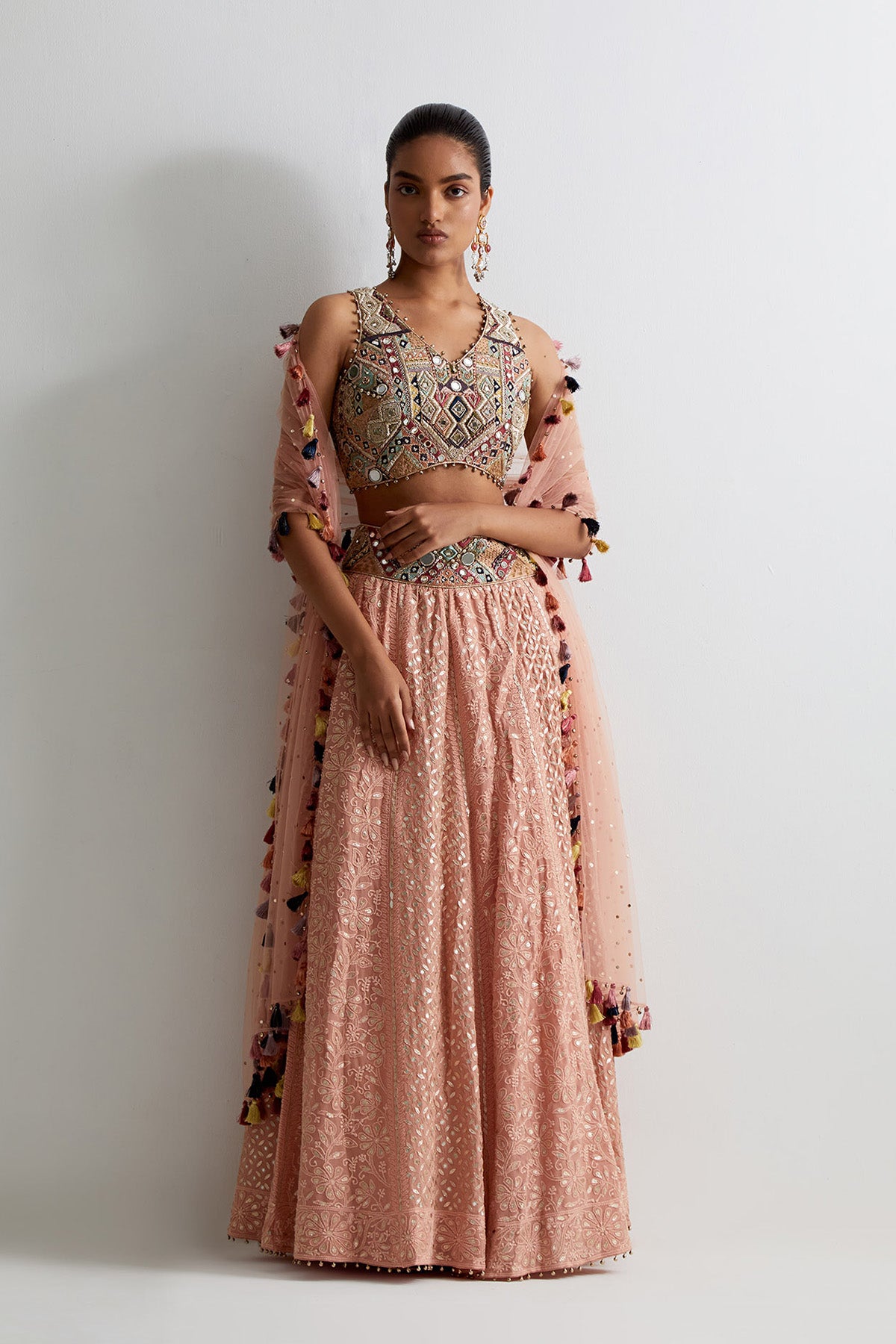 Dusty Rose Georgette Embroidered Choli With Lakhnavi Lehenga And Dupatta