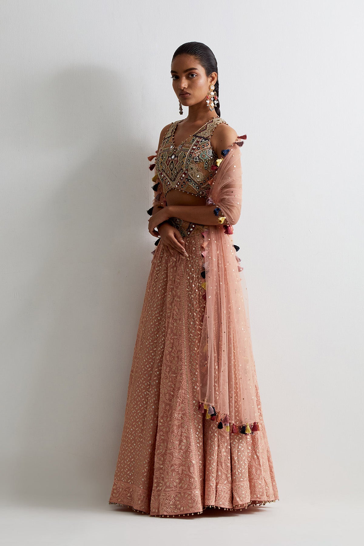 Dusty Rose Georgette Embroidered Choli With Lakhnavi Lehenga And Dupatta