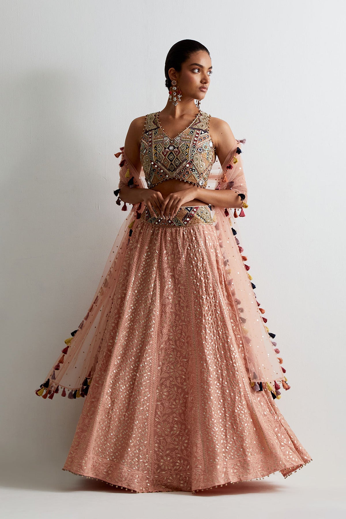 Dusty Rose Georgette Embroidered Choli With Lakhnavi Lehenga And Dupatta