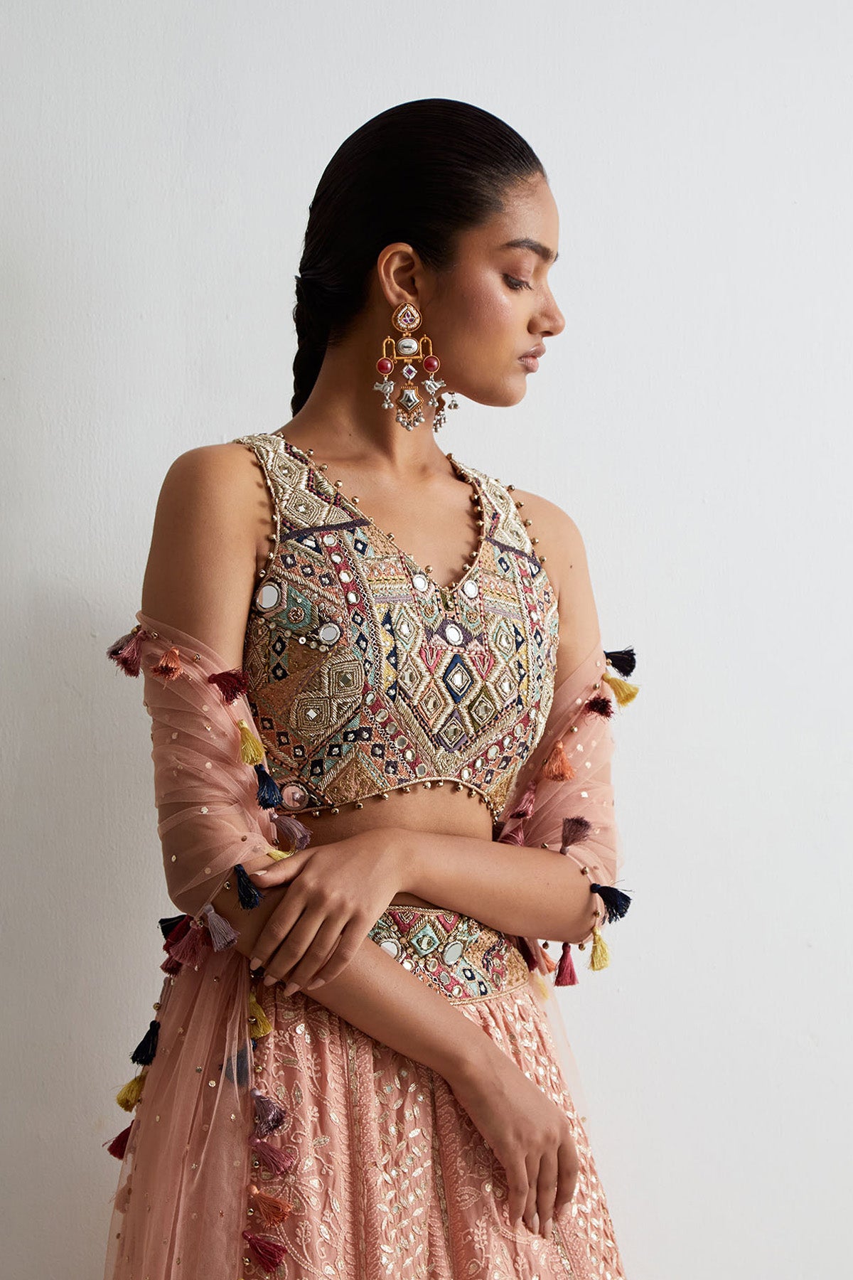 Dusty Rose Georgette Embroidered Choli With Lakhnavi Lehenga And Dupatta