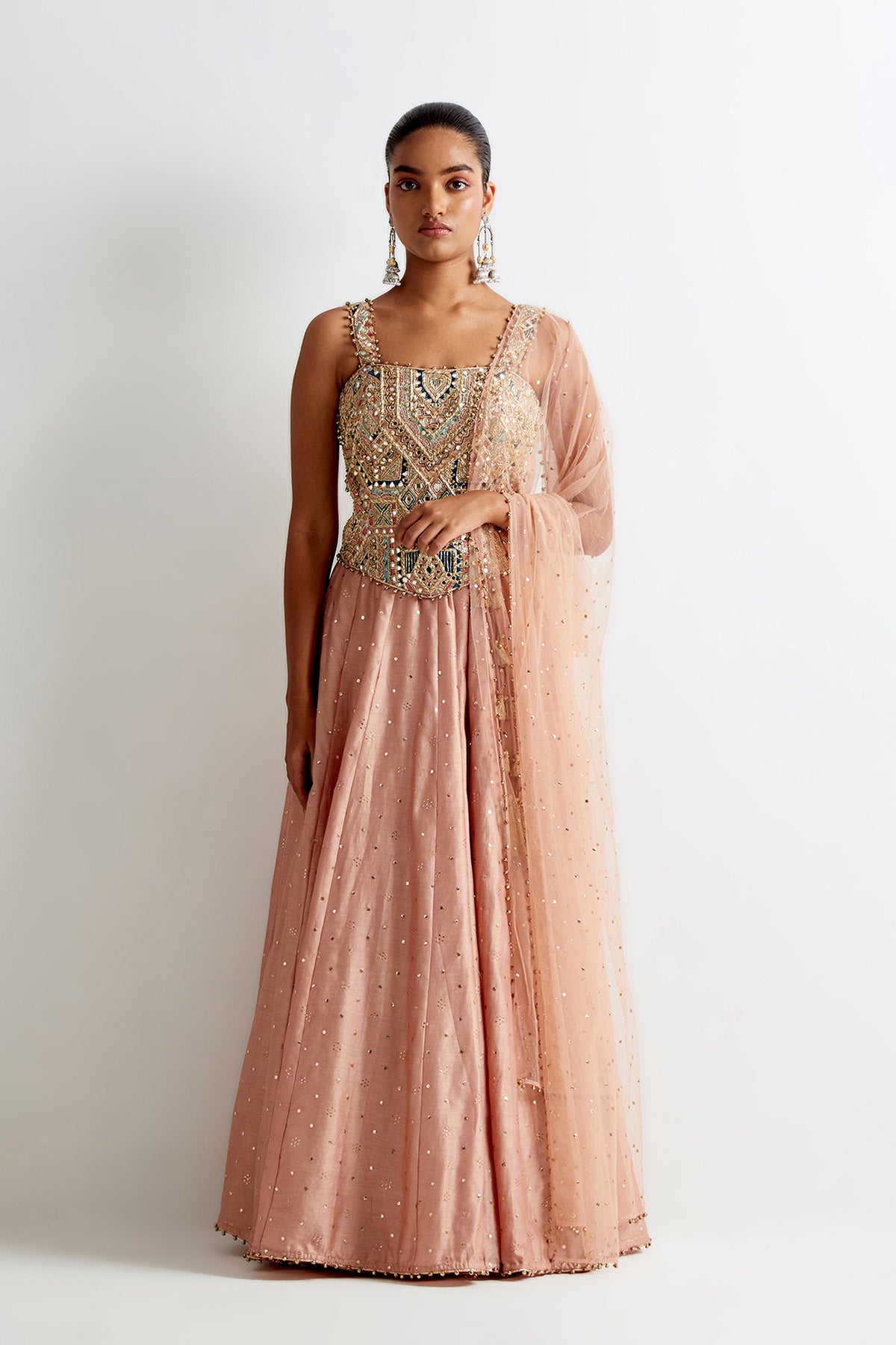 Dusty Rose Georgette Embroidered Choli And Silk Mul Lehenga With Mukaish Net Dupatta