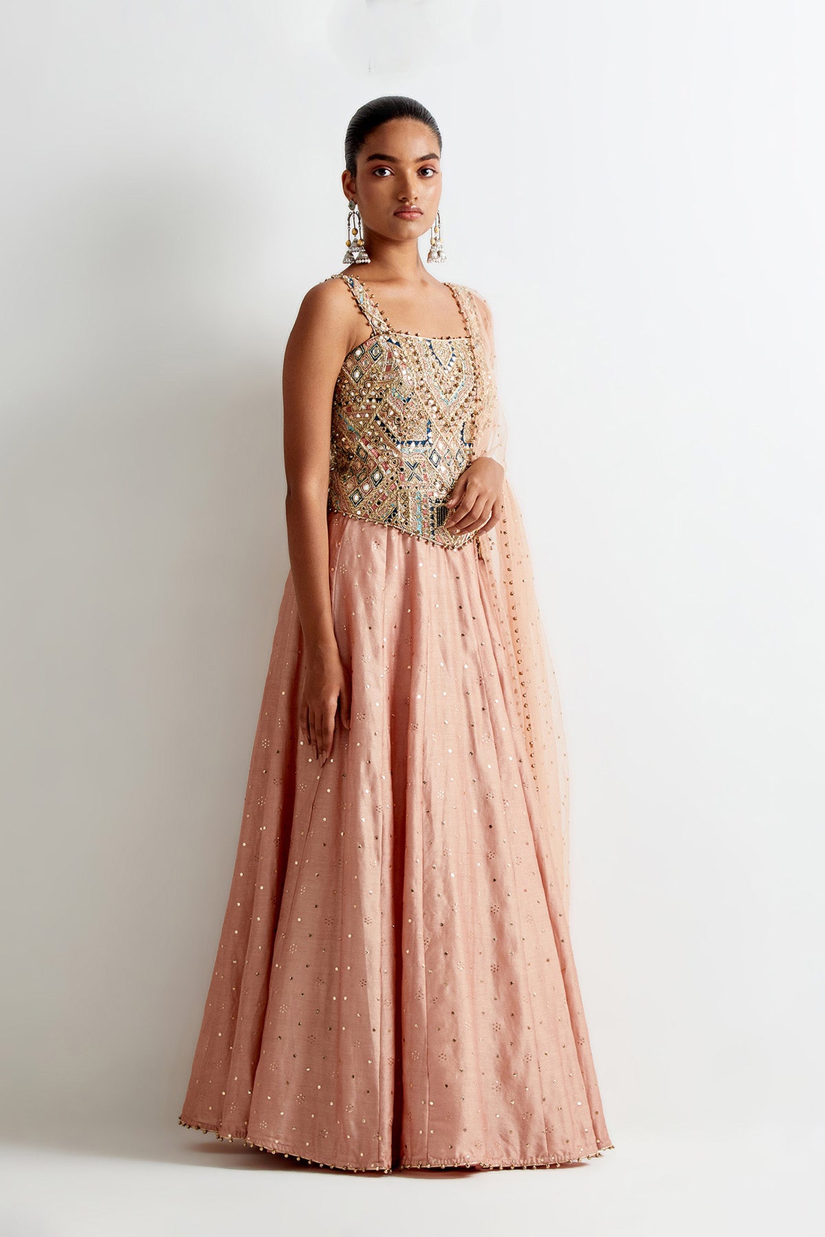 Dusty Rose Georgette Embroidered Choli And Silk Mul Lehenga With Mukaish Net Dupatta