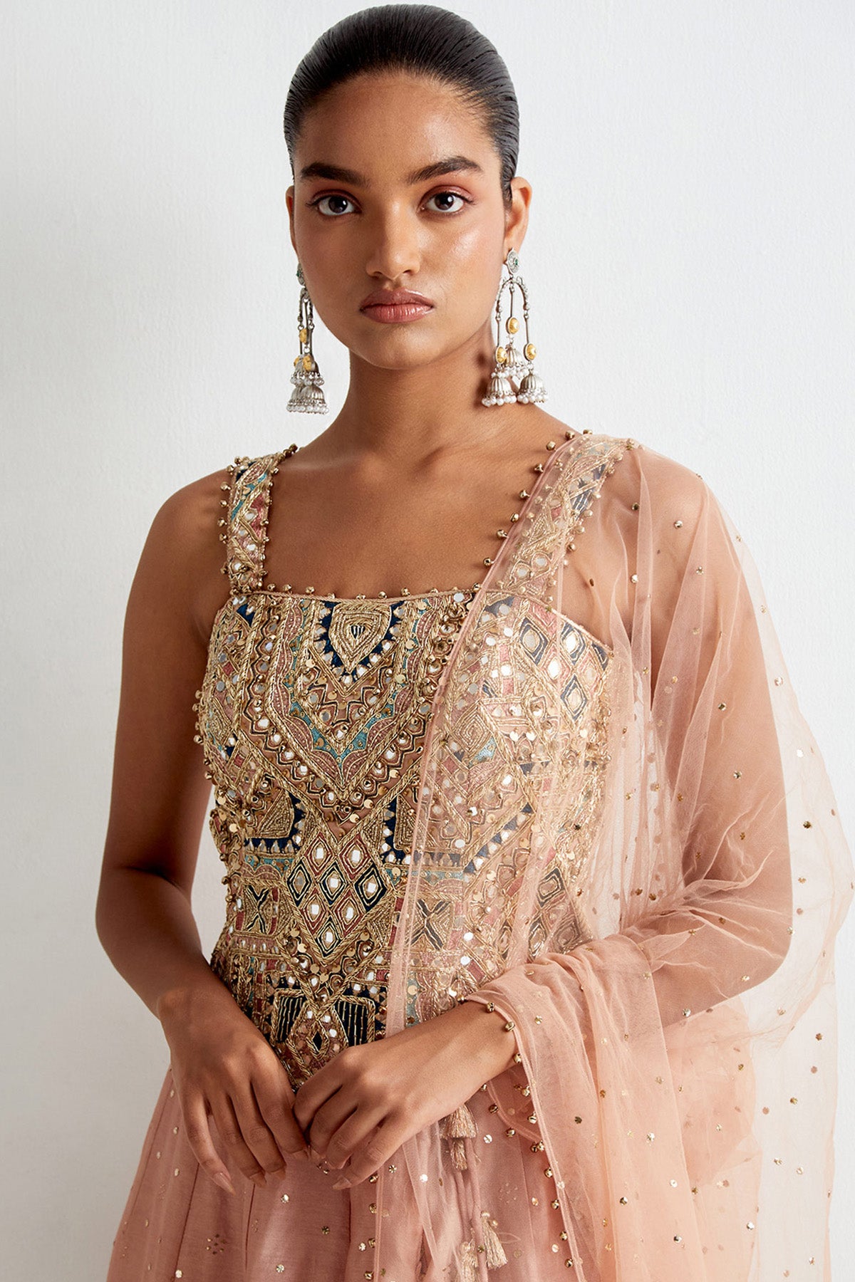Dusty Rose Georgette Embroidered Choli And Silk Mul Lehenga With Mukaish Net Dupatta