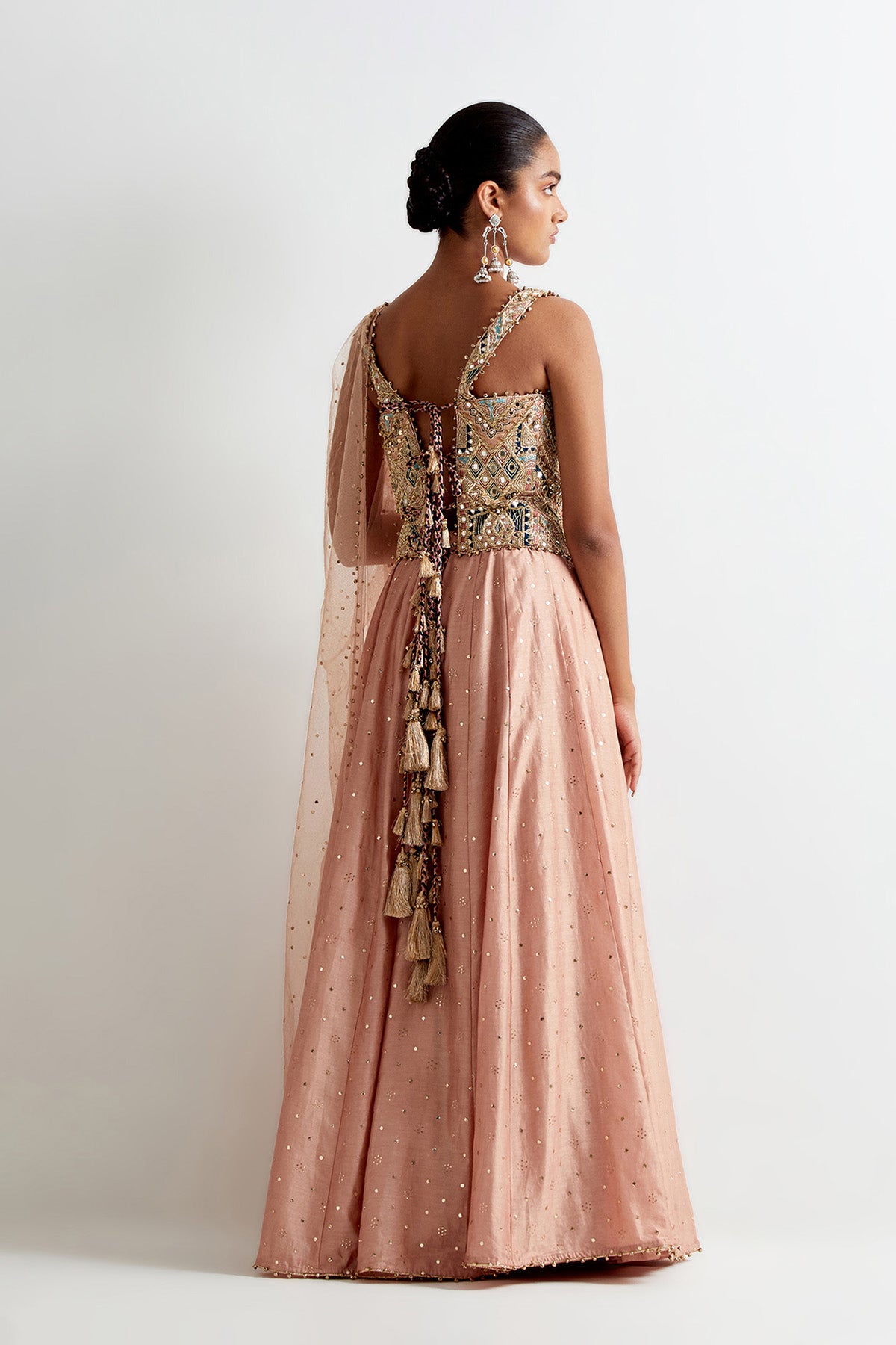 Dusty Rose Georgette Embroidered Choli And Silk Mul Lehenga With Mukaish Net Dupatta