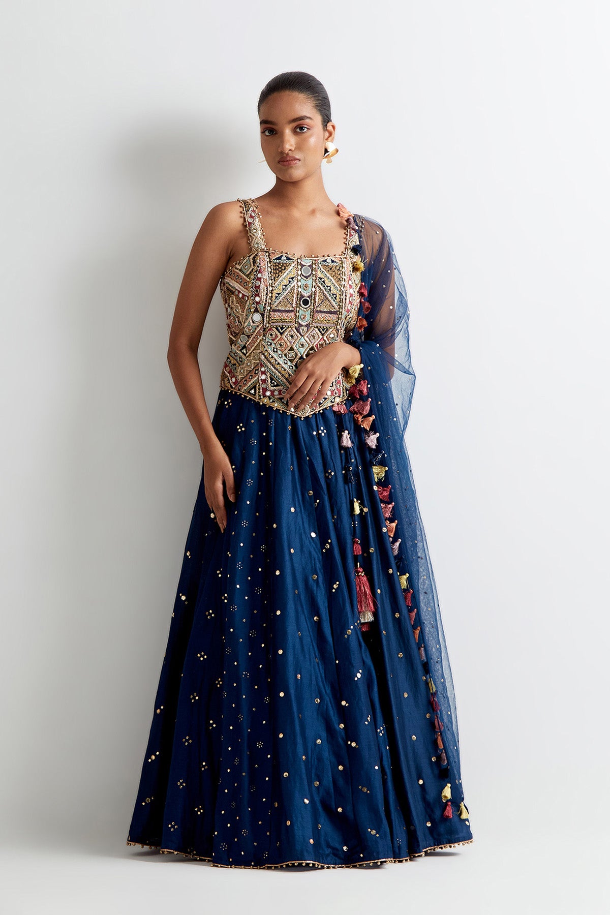 Navy Blue Georgette Embroidered Choli With Mukaish Silkmul Lehenga And Mukaish Net Dupatta