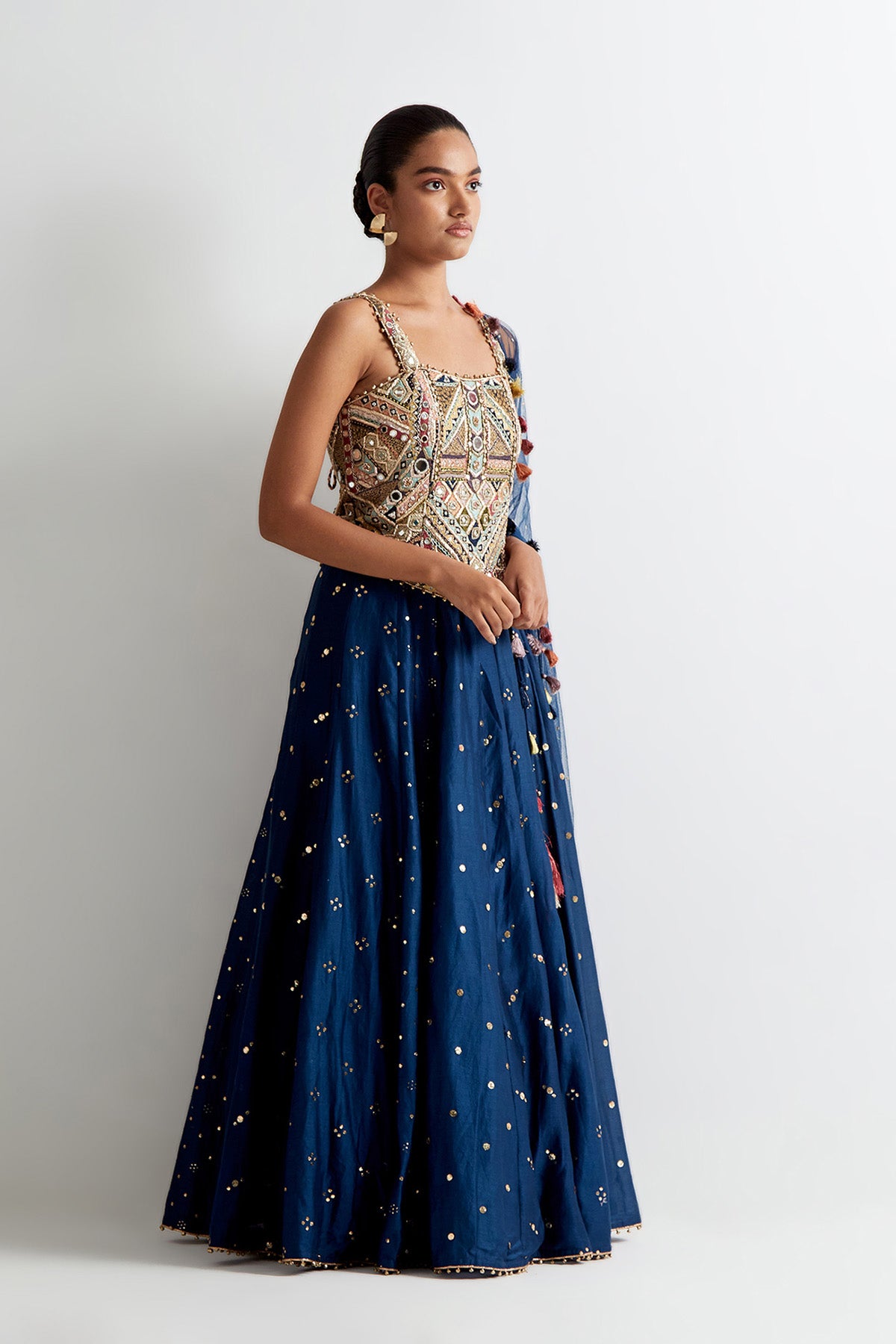 Navy Blue Georgette Embroidered Choli With Mukaish Silkmul Lehenga And Mukaish Net Dupatta