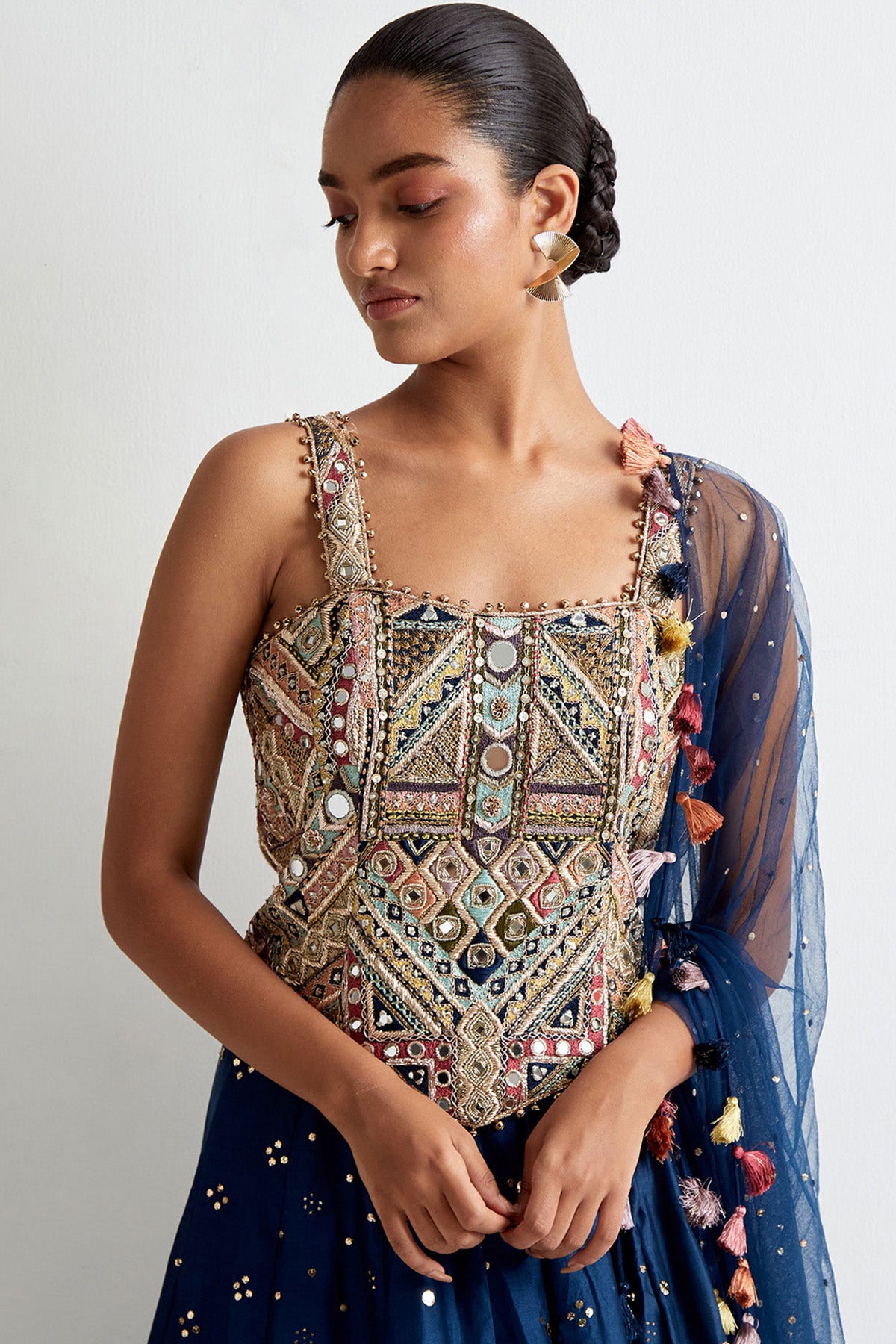 Navy Blue Georgette Embroidered Choli With Mukaish Silkmul Lehenga And Mukaish Net Dupatta