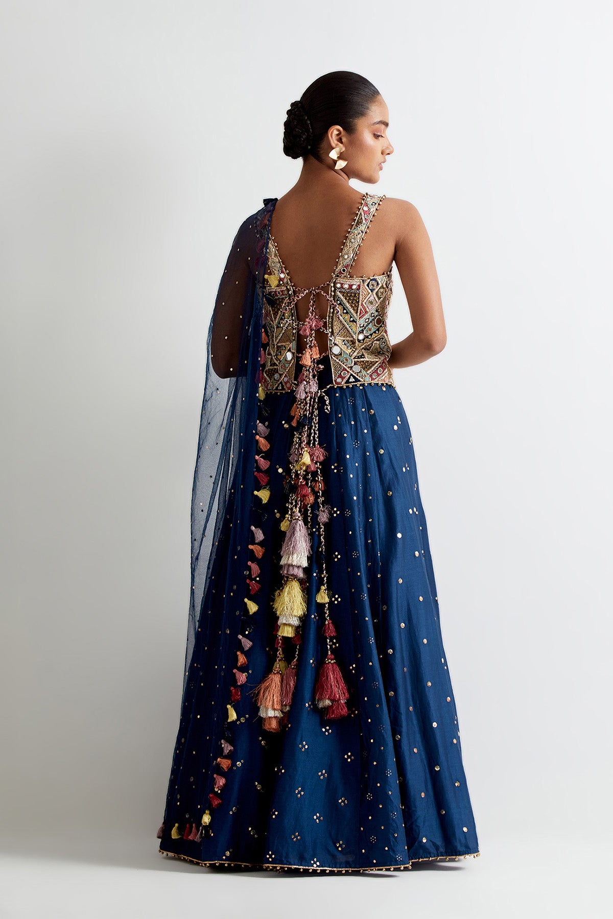 Navy Blue Georgette Embroidered Choli With Mukaish Silkmul Lehenga And Mukaish Net Dupatta