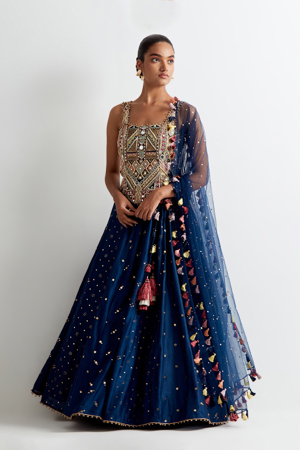 Navy Blue Georgette Embroidered Choli With Mukaish Silkmul Lehenga And Mukaish Net Dupatta
