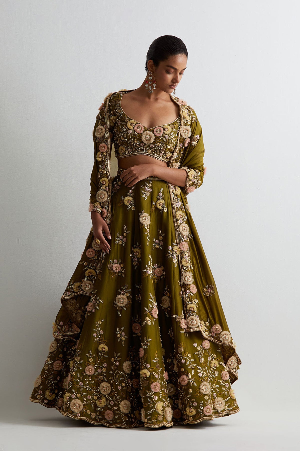 Olive Green Silk Embroidered Choli With Lehenga And Dupatta