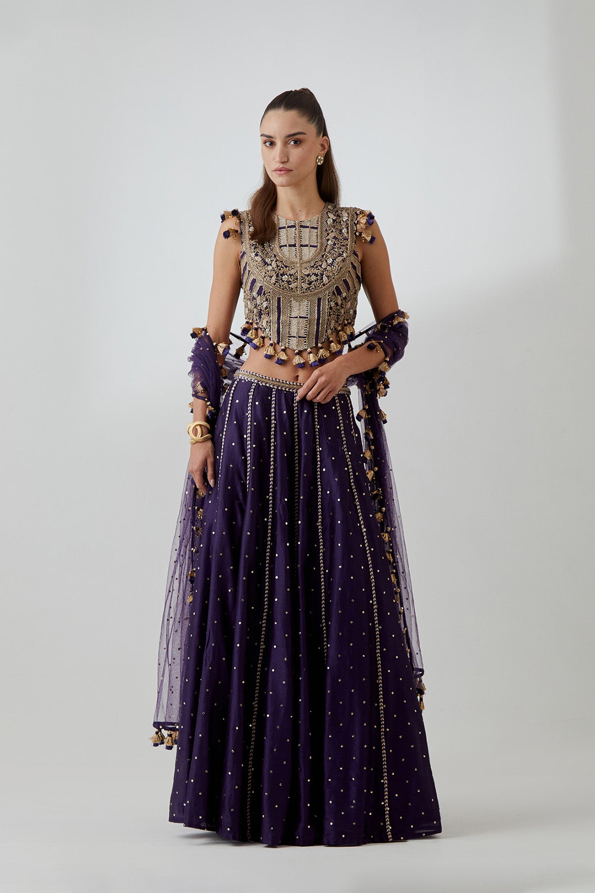 Purple Georgette Embroidered Choli With Mukaish Silkmul Lehenga And Mukaish Net Dupatta