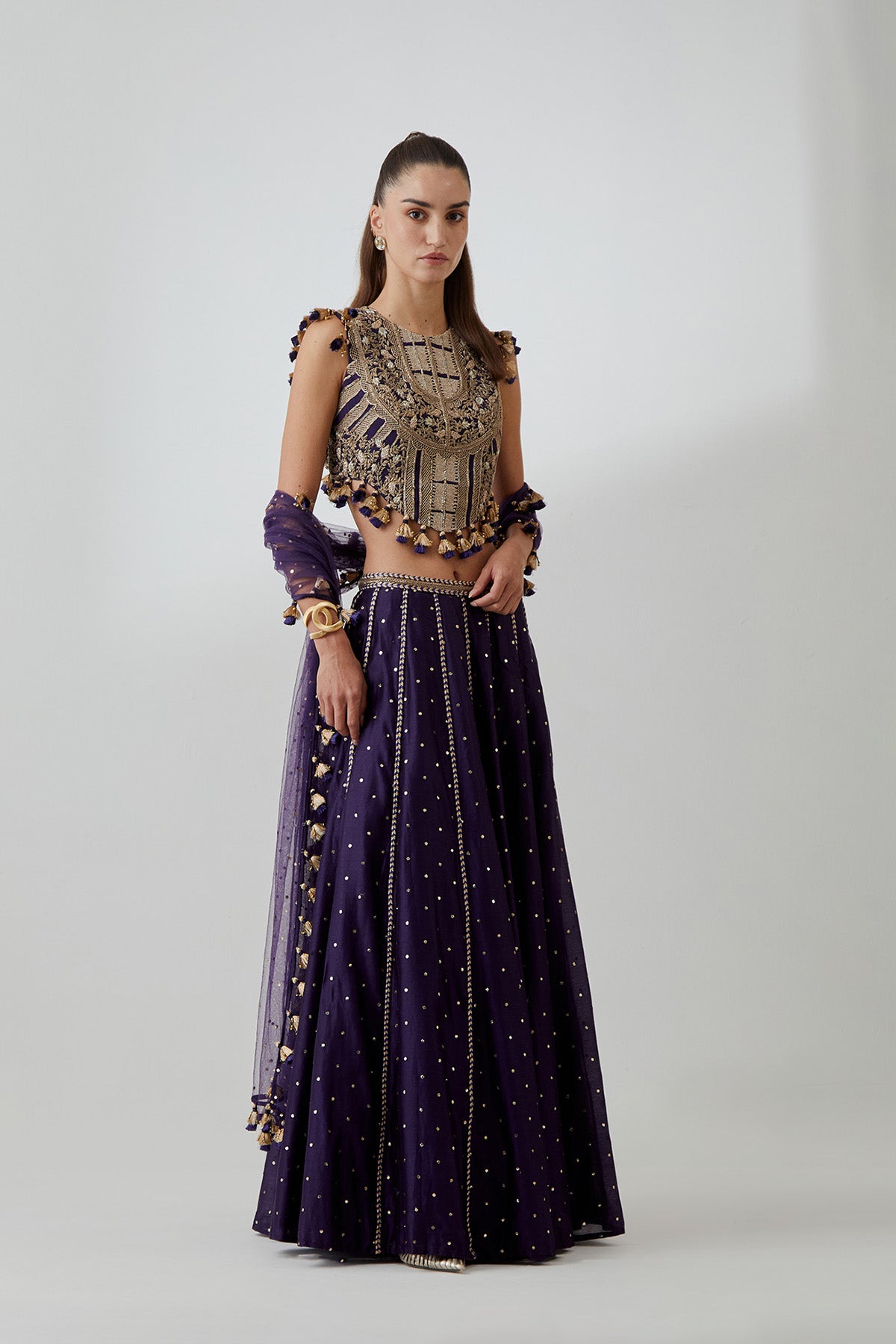 Purple Georgette Embroidered Choli With Mukaish Silkmul Lehenga And Mukaish Net Dupatta