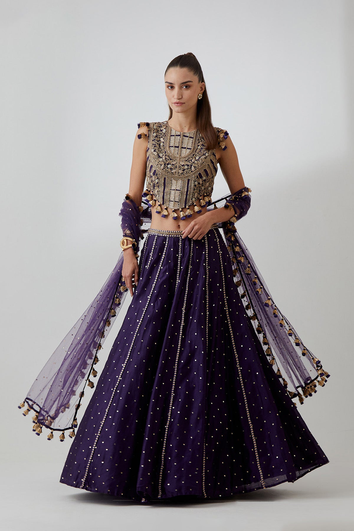 Purple Georgette Embroidered Choli With Mukaish Silkmul Lehenga And Mukaish Net Dupatta