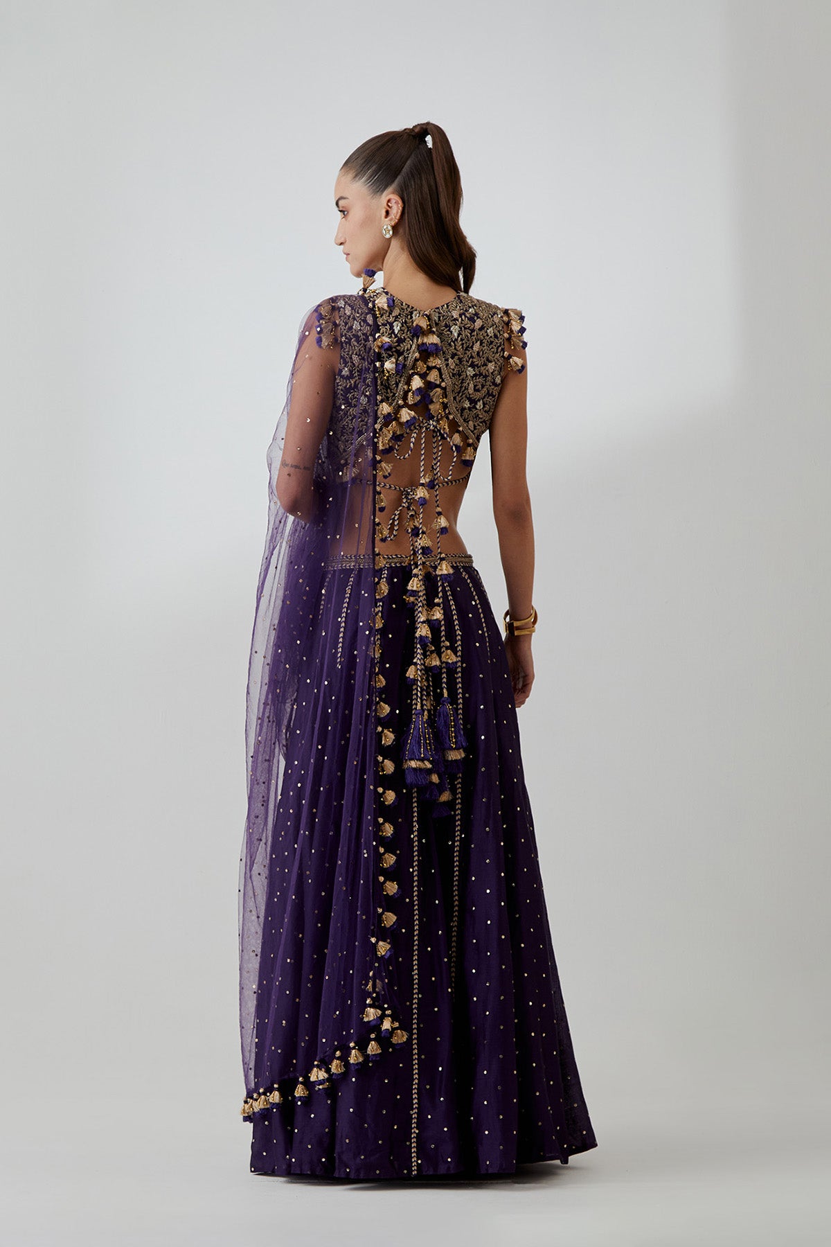 Purple Georgette Embroidered Choli With Mukaish Silkmul Lehenga And Mukaish Net Dupatta